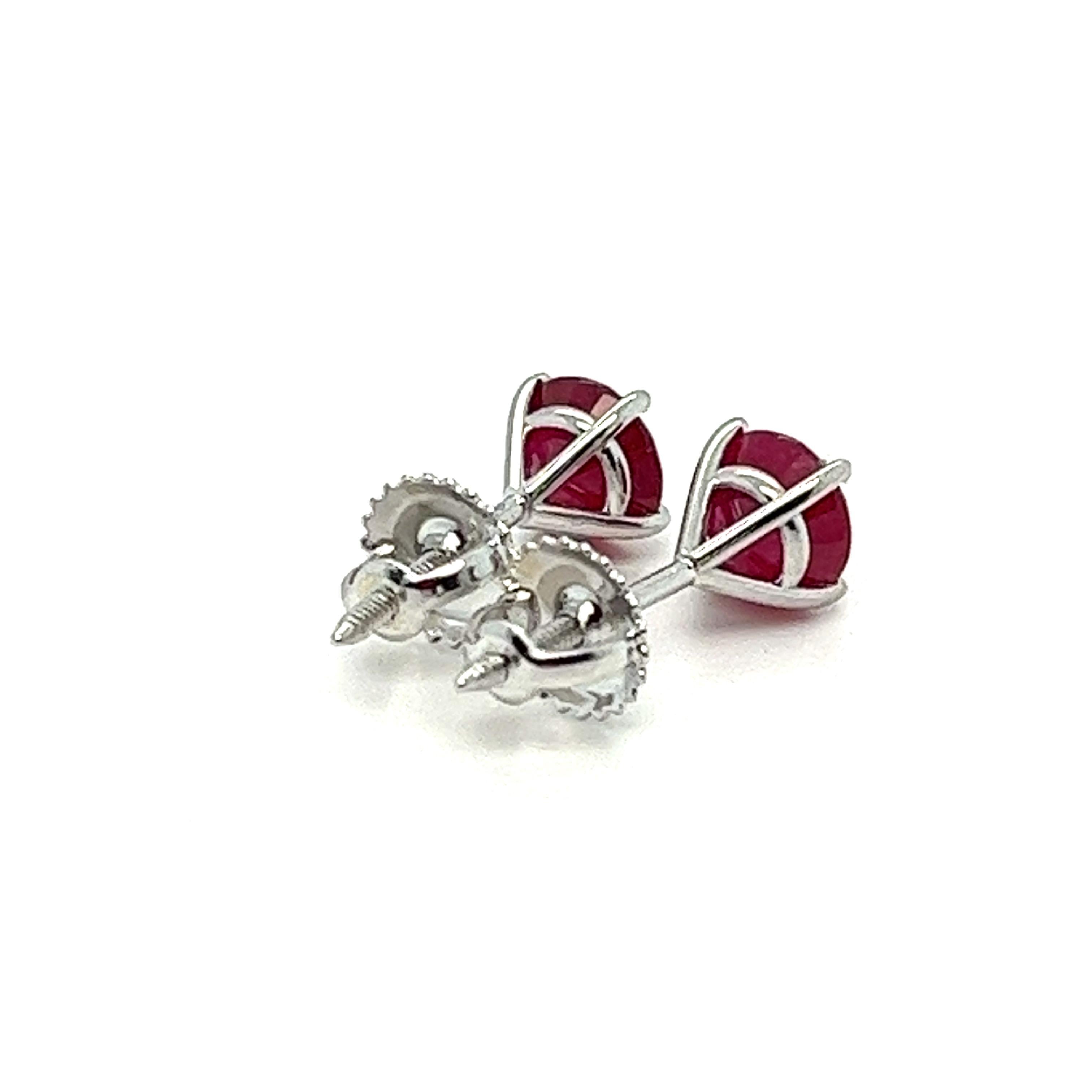 Women's or Men's 2 Carats Natural Ruby Stud Earring in 14K White Gold, Screw-Backs. For Sale