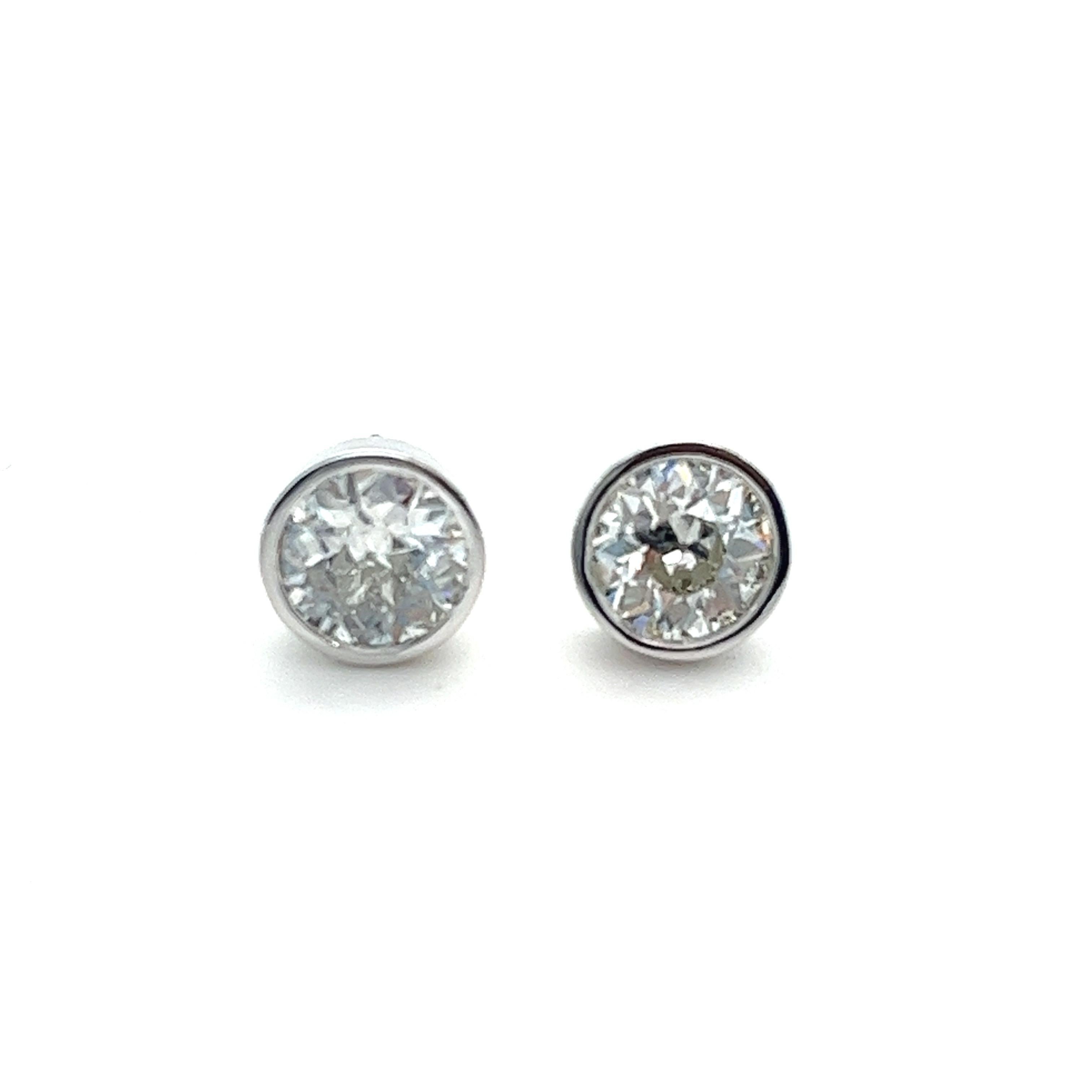Women's or Men's 2 Carats Old European Cut Diamonds Platinum Stud Earrings For Sale