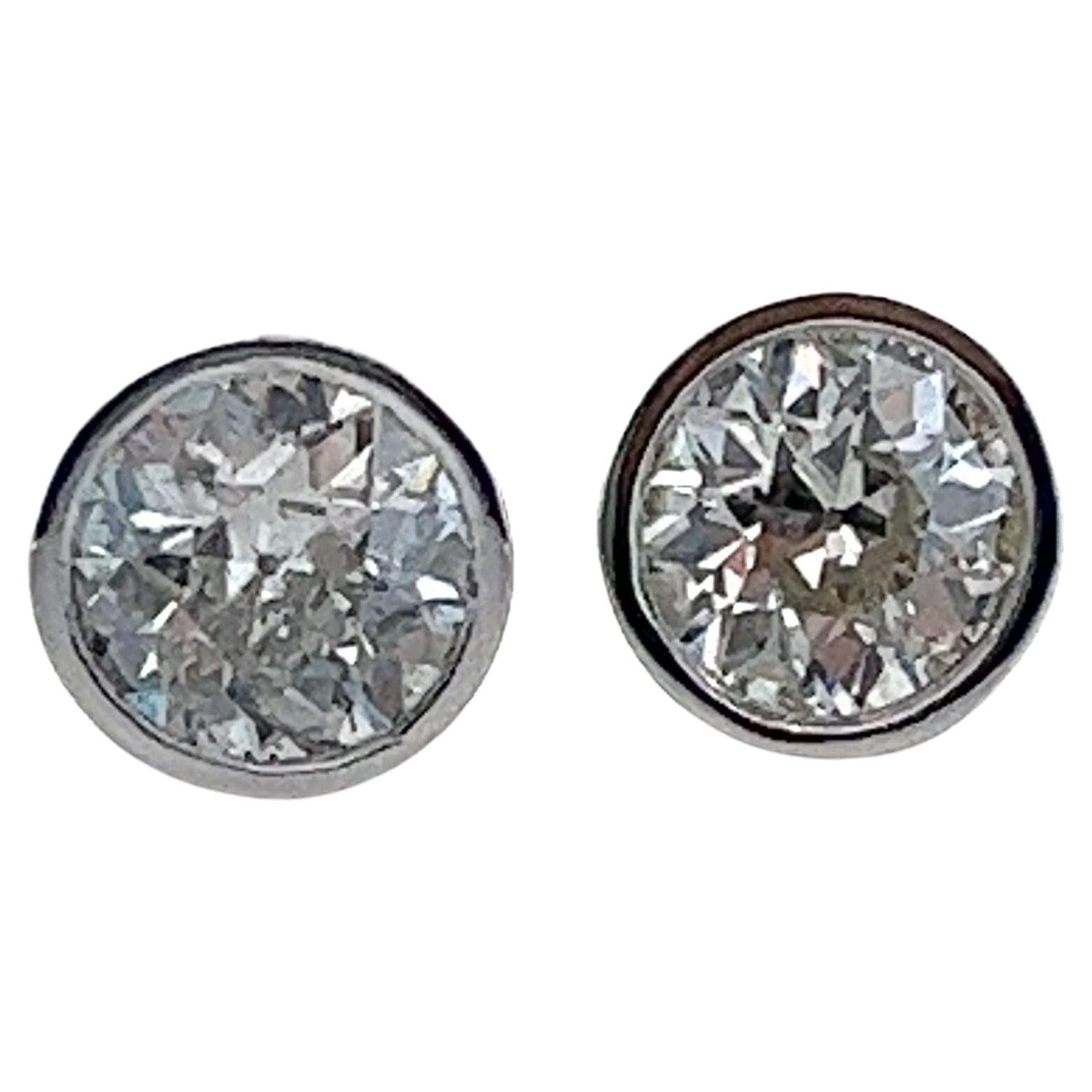 2 Carats Old European Cut Diamonds Platinum Stud Earrings For Sale
