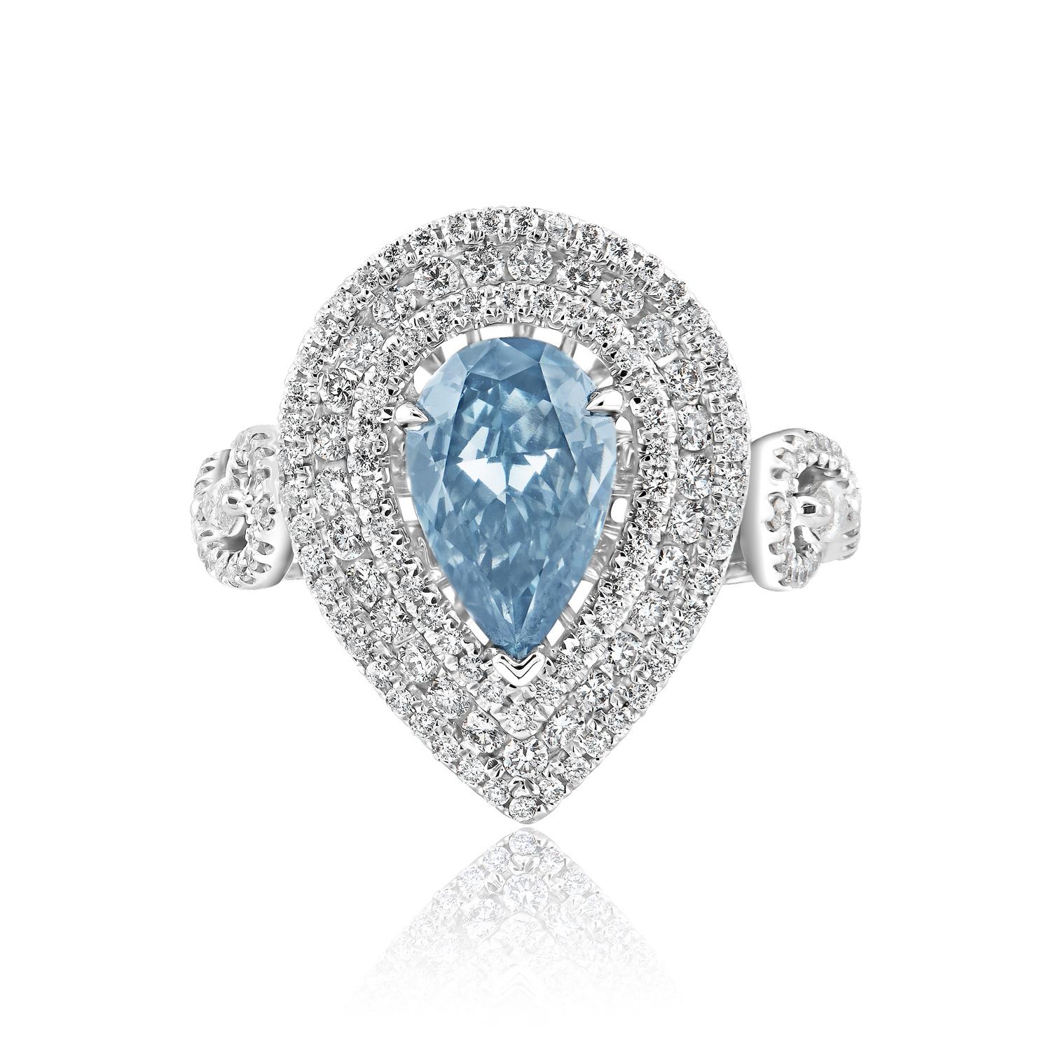 GIA CERTIFIED
Center Diamond:

Carat Weight: 1.35 Carats
Color : Fancy Intense Blue
Clarity: VS1
Style: Pear Shape

Halo Diamonds:
Diamonds: 1.10 Carats


Ring:
Metal: 18 Karat White Gold
Style: Double Halo, 4 Petite Claw Prong, Split Shank

Size: