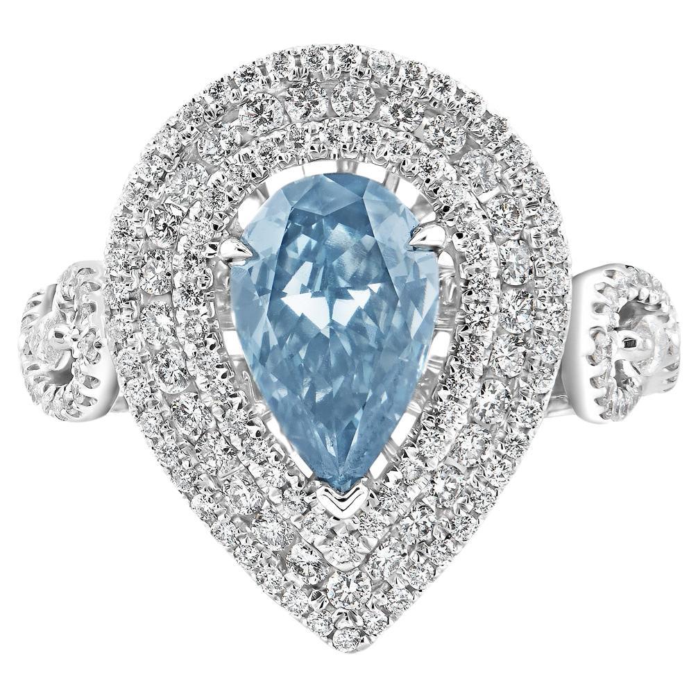 2 Carats Pear Shape Diamond Engagement Ring GIA Certified Fancy Intense Blue VS1 For Sale
