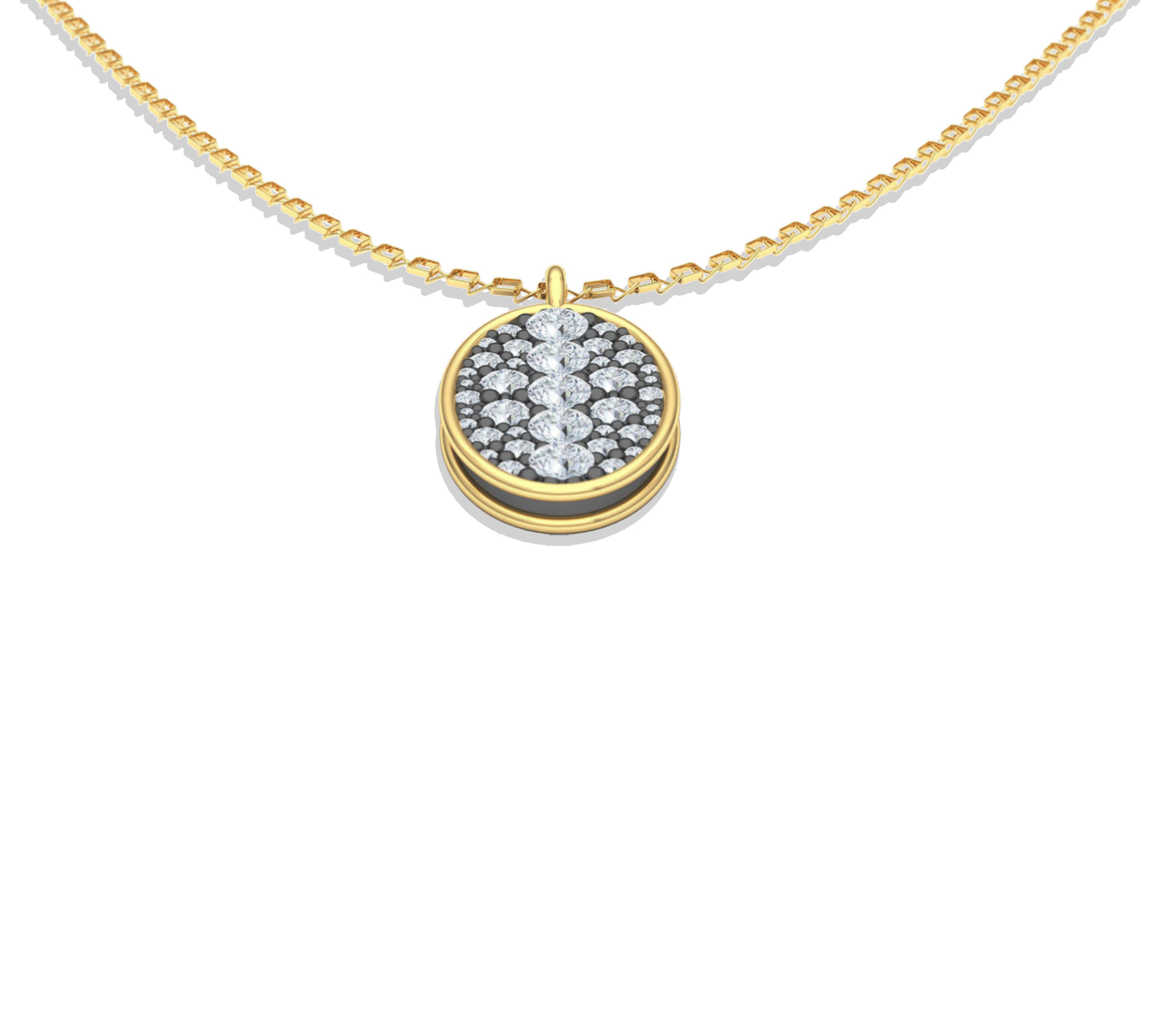 A stunning necklace that has over 2 carats of round brilliant diamonds set in blackened silver and 18k yellow gold.  The diamond pendant has gorgeous cut round brilliant diamonds and have a color and clarity of F-G VS -SI.  The rim of the pendant