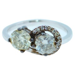 2 carats Round Diamond Double Two Stone Spiral Halo Pave Vintage White Gold Ring