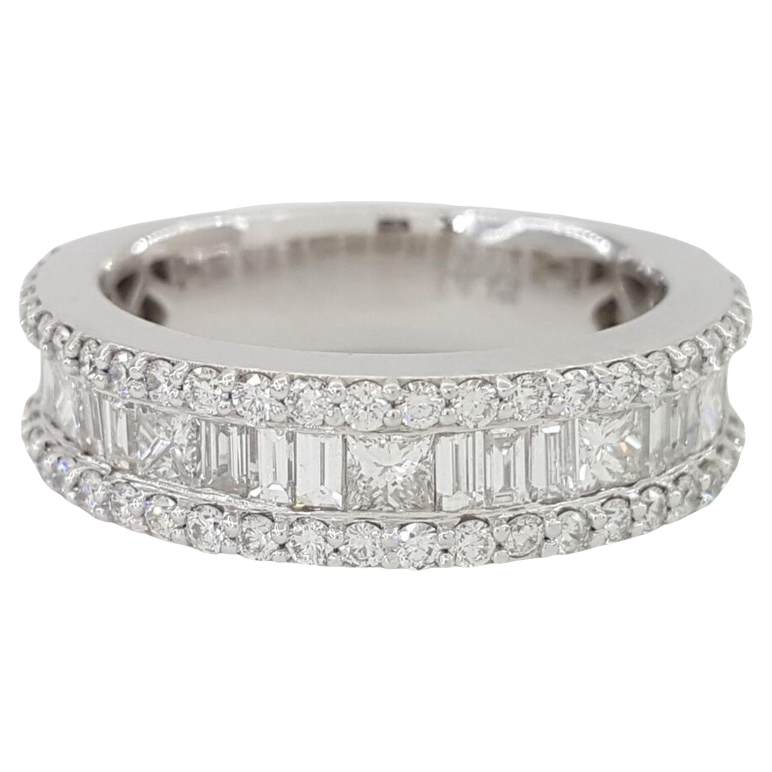 2 Carats Three Row Round, Baguette and Princess Cut Platinum Band Ring