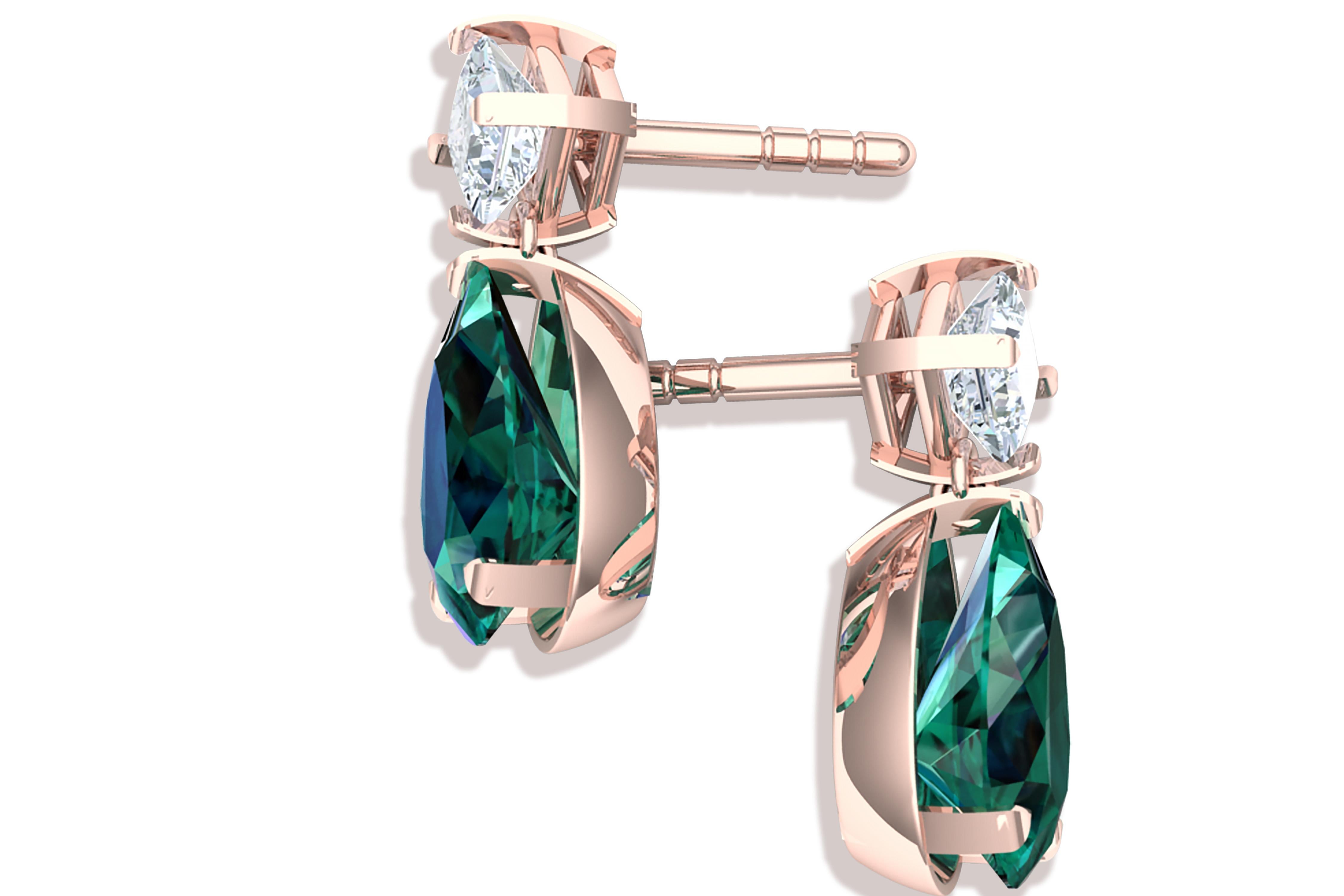 Modern 2 Carat Tourmaline and Diamond Drop Earrings Set in Rose Gold For Sale