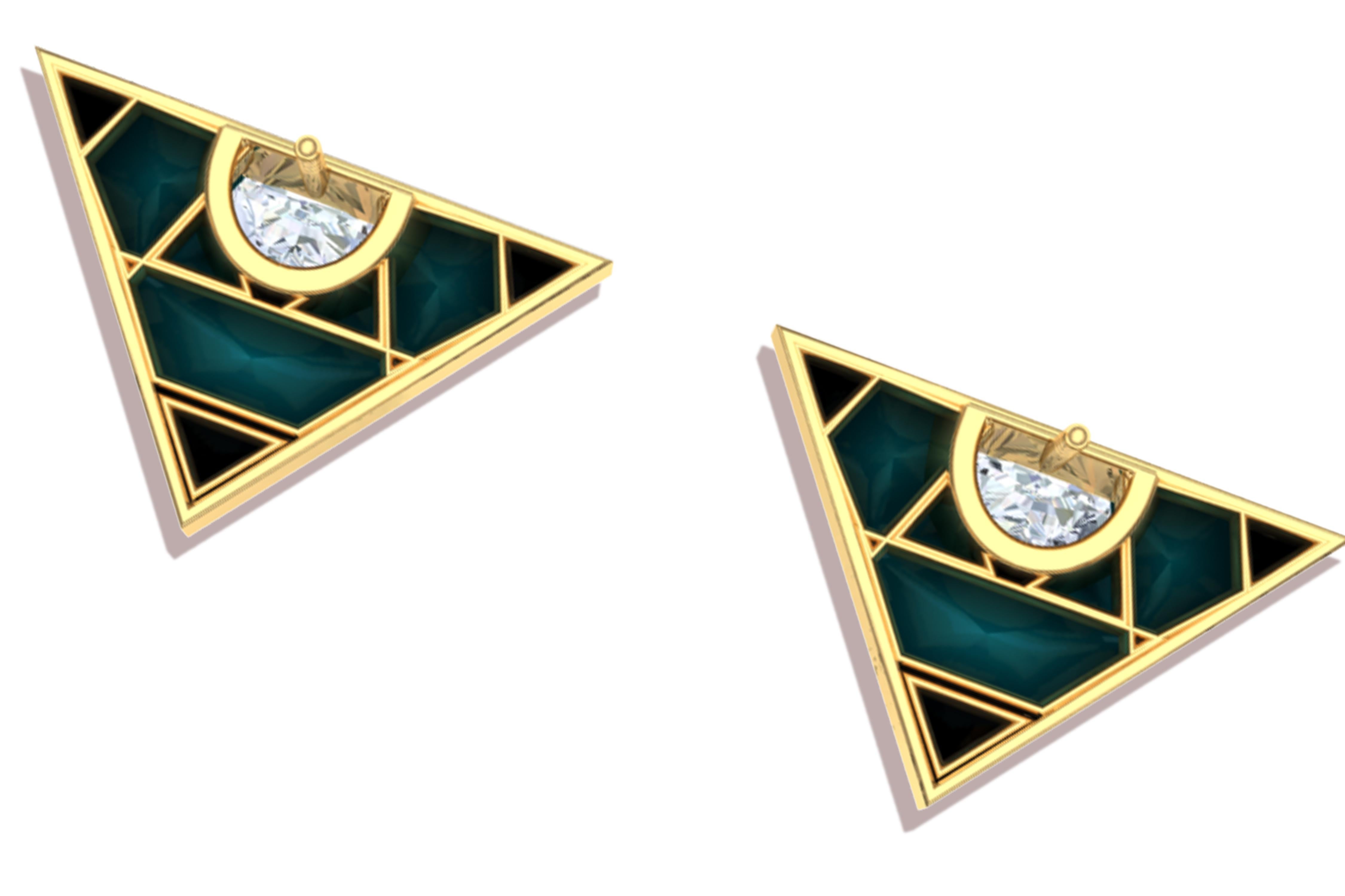 Half Moon Cut 2 Carat Turquoise Onyx and Diamond Triangle Earrings For Sale