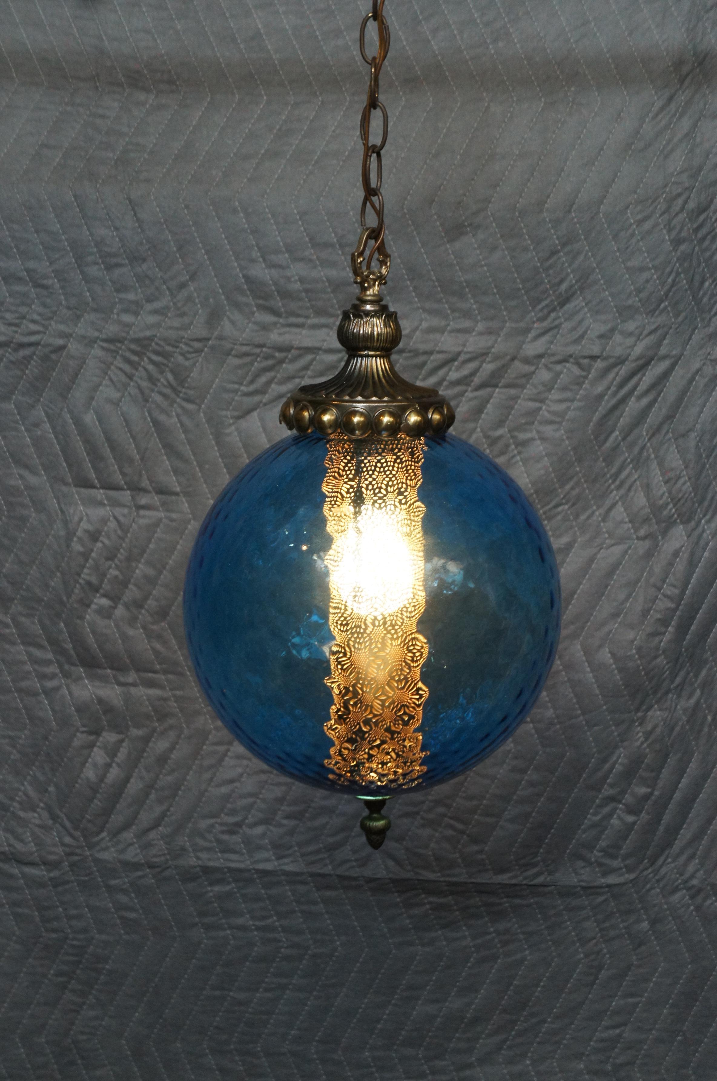 2 Carl Faulkenstein Mid Century Modern Blue Glass Swag Lights Globes Orbs 1966 4