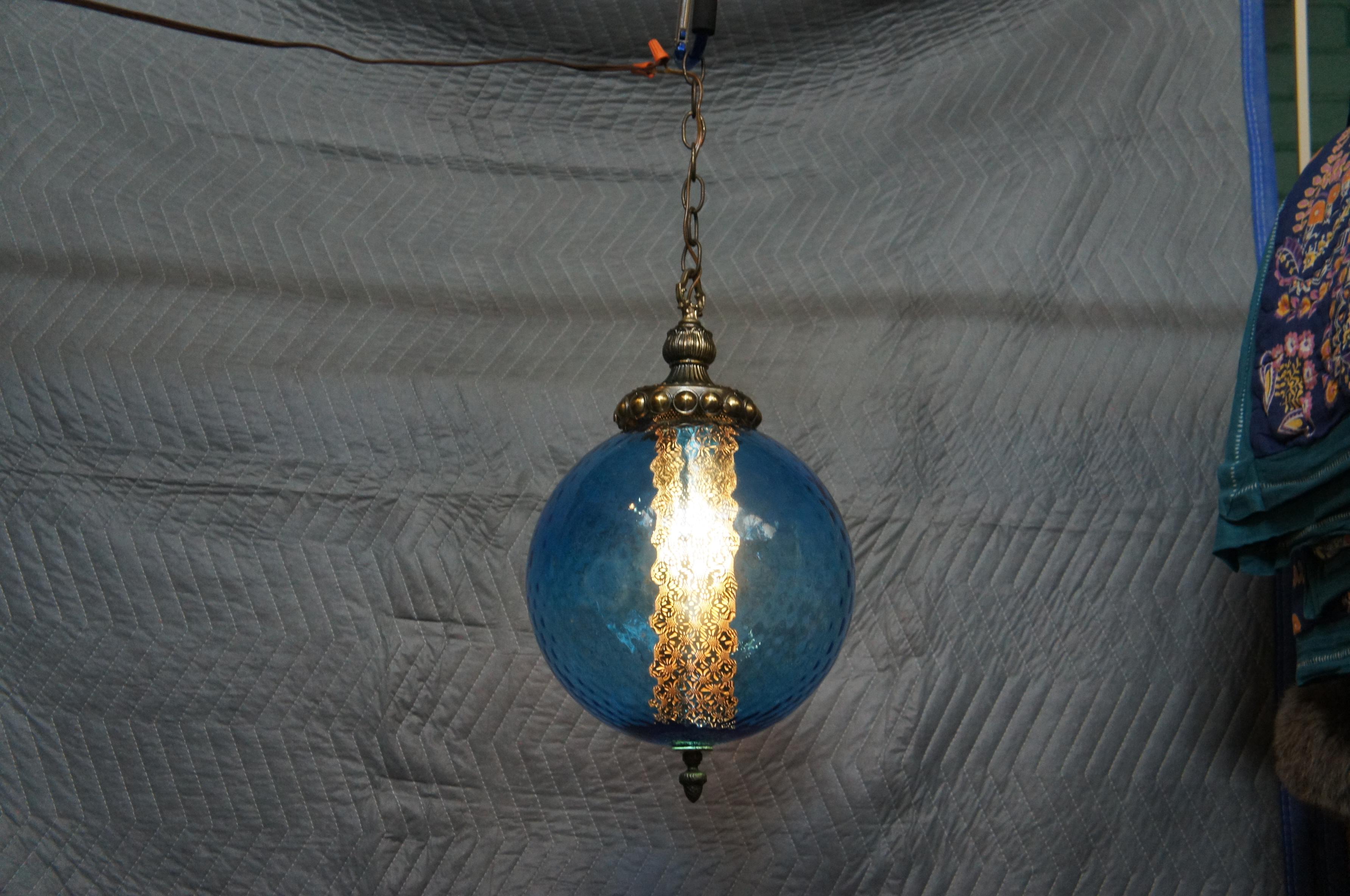 2 Carl Faulkenstein Mid Century Modern Blue Glass Swag Lights Globes Orbs 1966 5