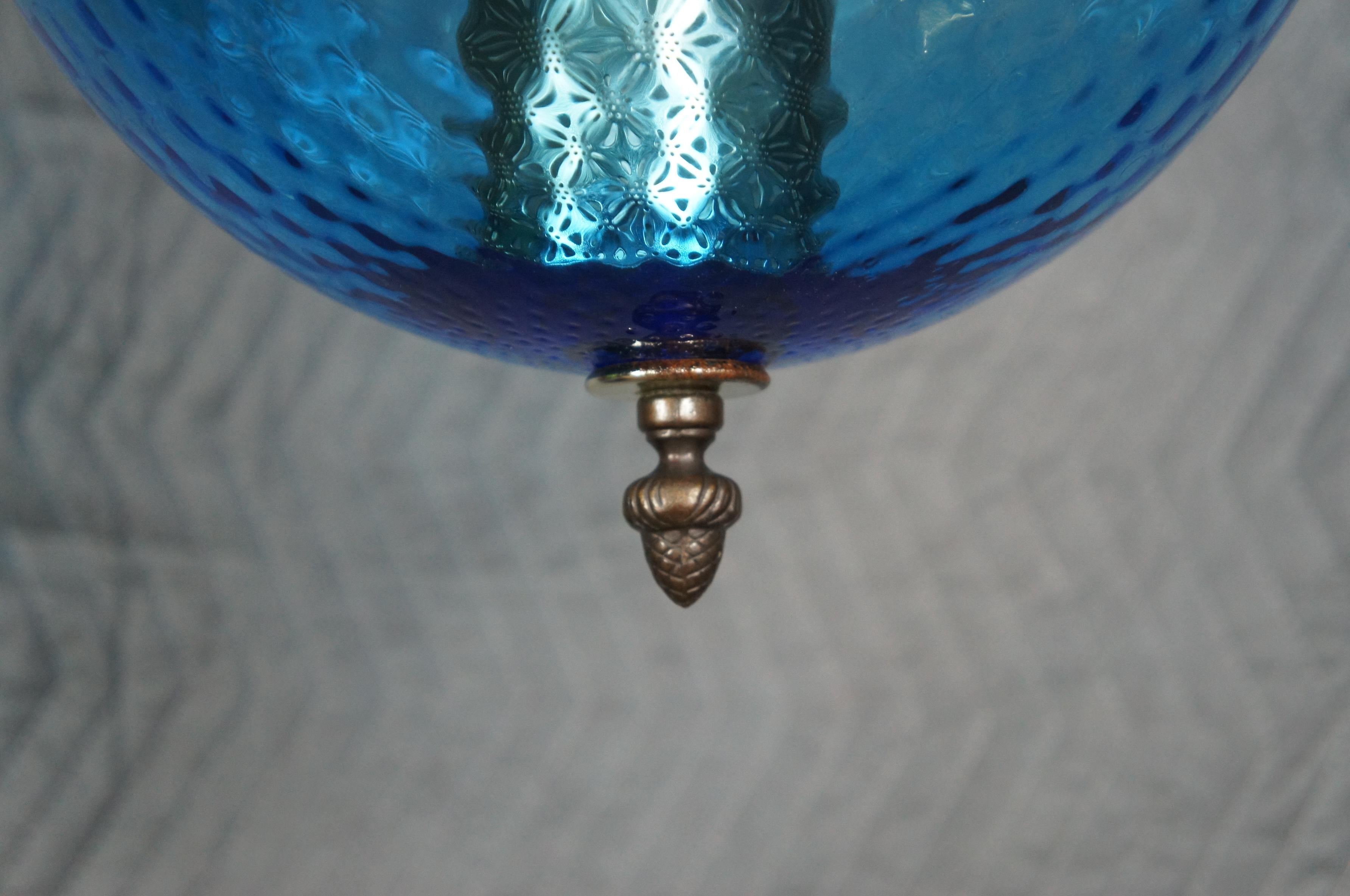 Brass 2 Carl Faulkenstein Mid Century Modern Blue Glass Swag Lights Globes Orbs 1966