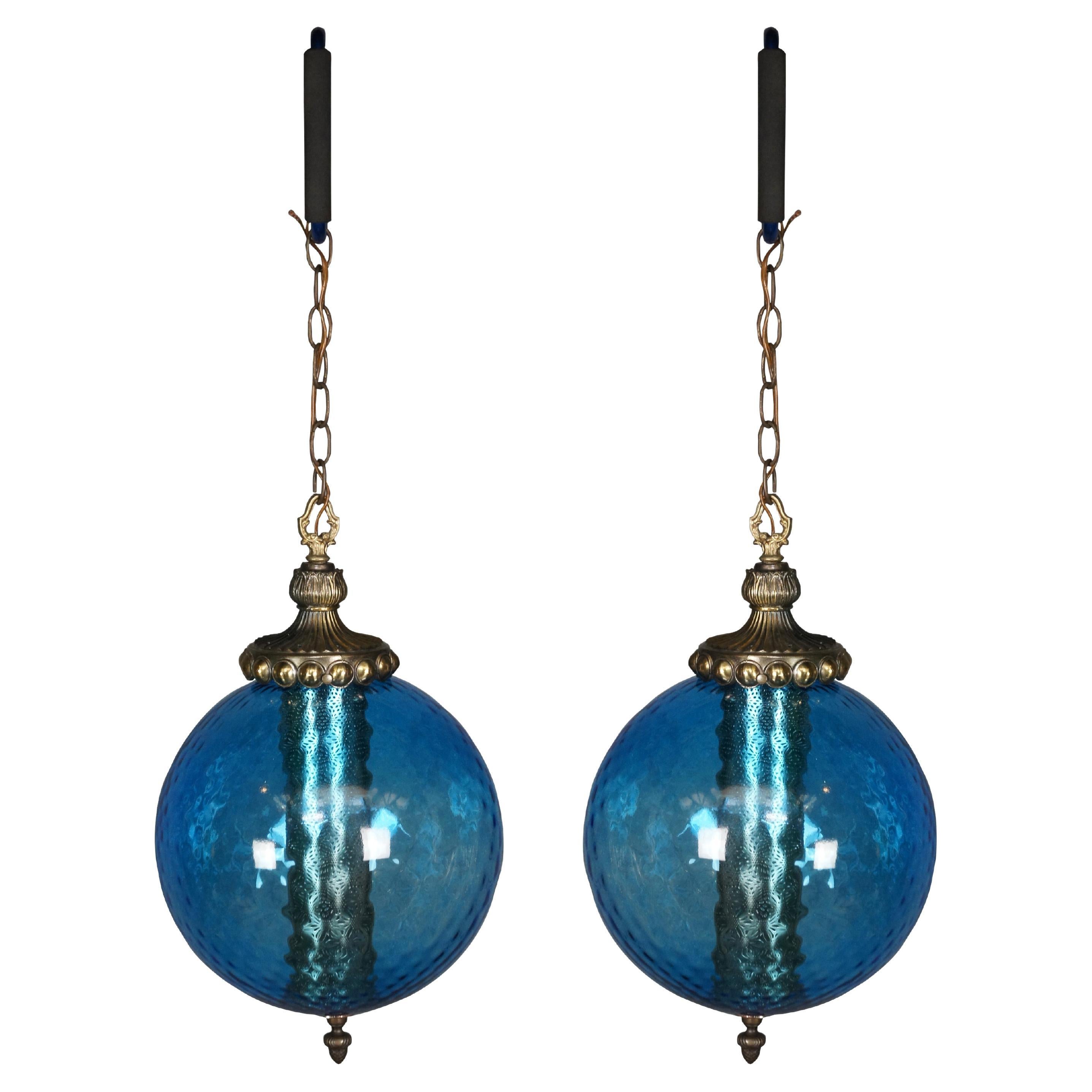 2 Carl Faulkenstein Mid Century Modern Blue Glass Swag Lights Globes Orbs 1966
