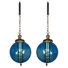Vintage 2 Carl Faulkenstein Mid Century Modern Blue Glass Swag Lights Globes Orbs 1966
