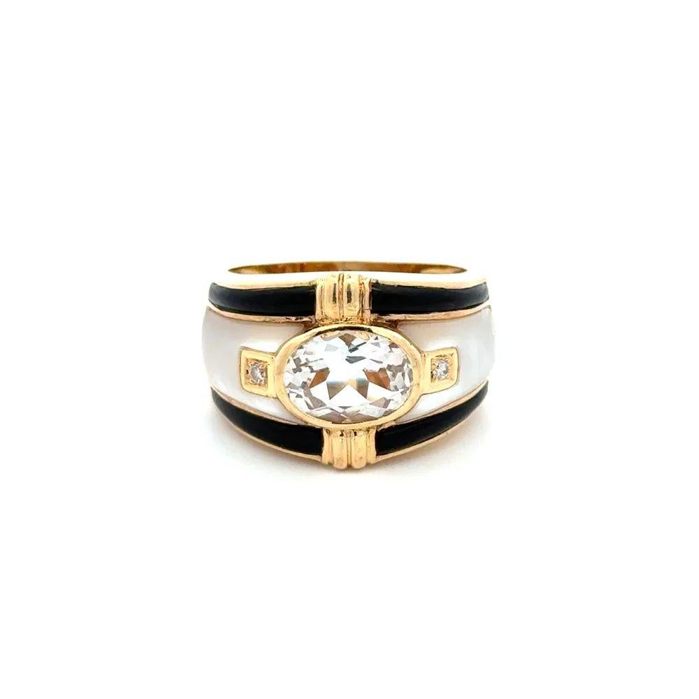 Taglio misto 2 Cart Anello vintage in oro con topazio bianco, MOP, onice e diamanti RBC in vendita