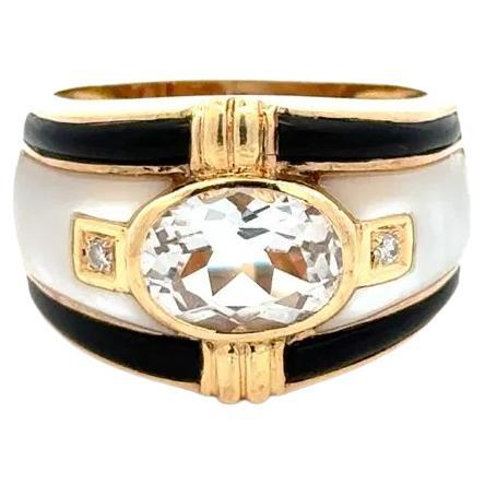 2 Cart White Topaz, MOP, Onyx and RBC Diamond Gold Vintage Band Ring