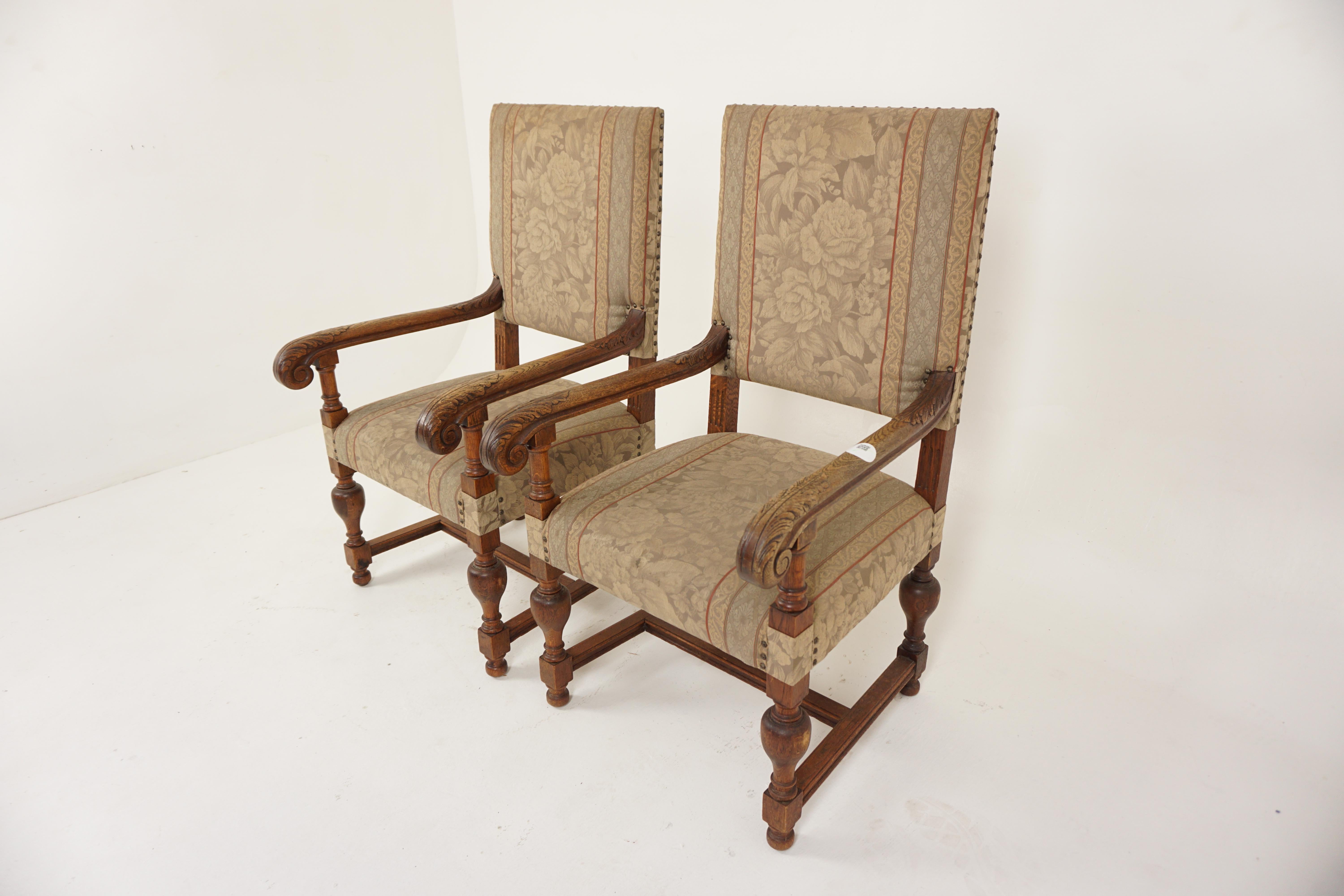 Pair of Carved Oak Baroque Throne chairs, Hall chairs, Library chair, Scotland 1910, H678

Scotland 1910
Solid Oak
Original Finish
Tall upholstered high back
With shaped and carved scrolled arms
Upholstered seat with a cotton floral fabric
All