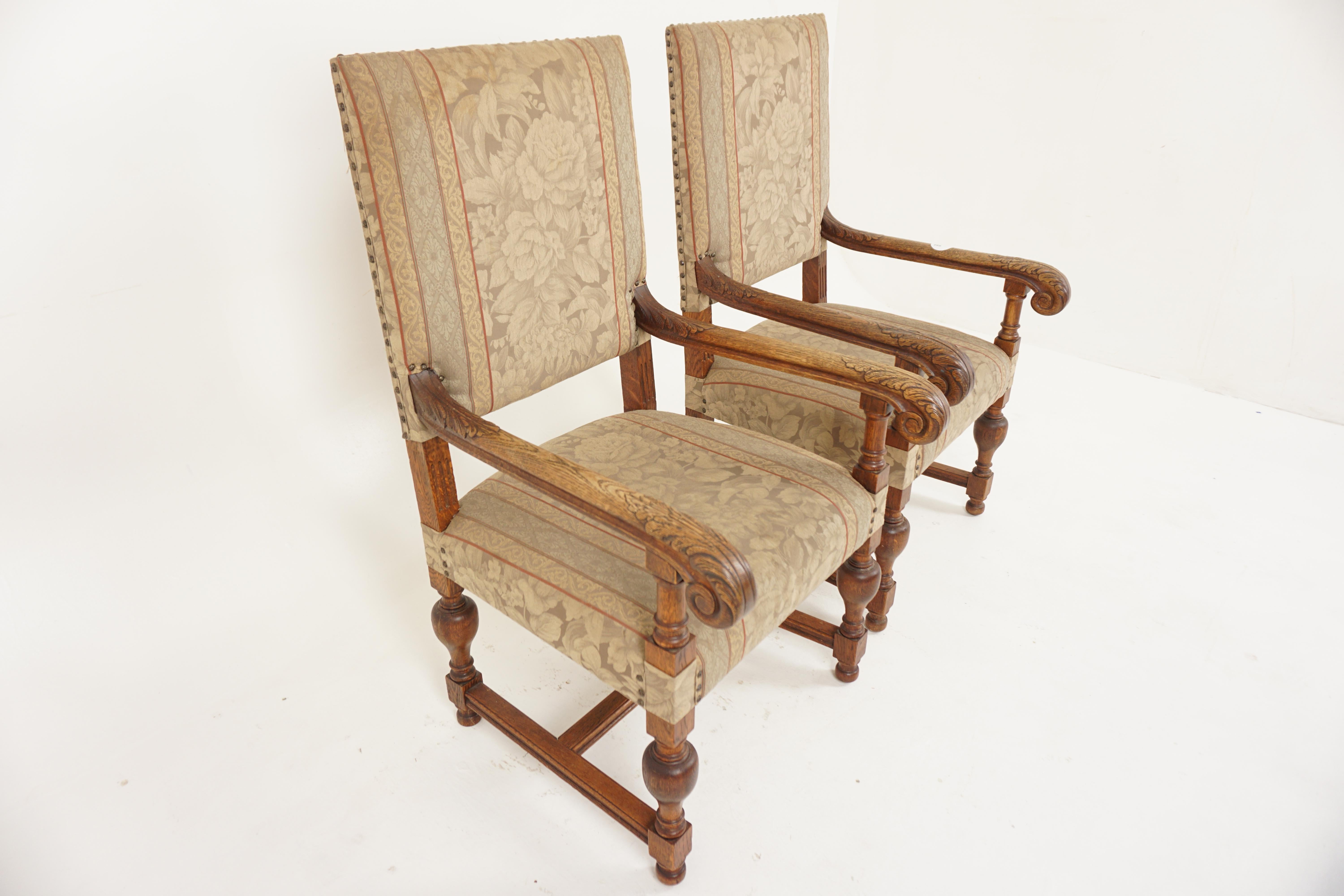 Scottish 2 Carved Oak Baroque Throne Chairs, Hall or Library Chair, Scotland 1910, H678 For Sale