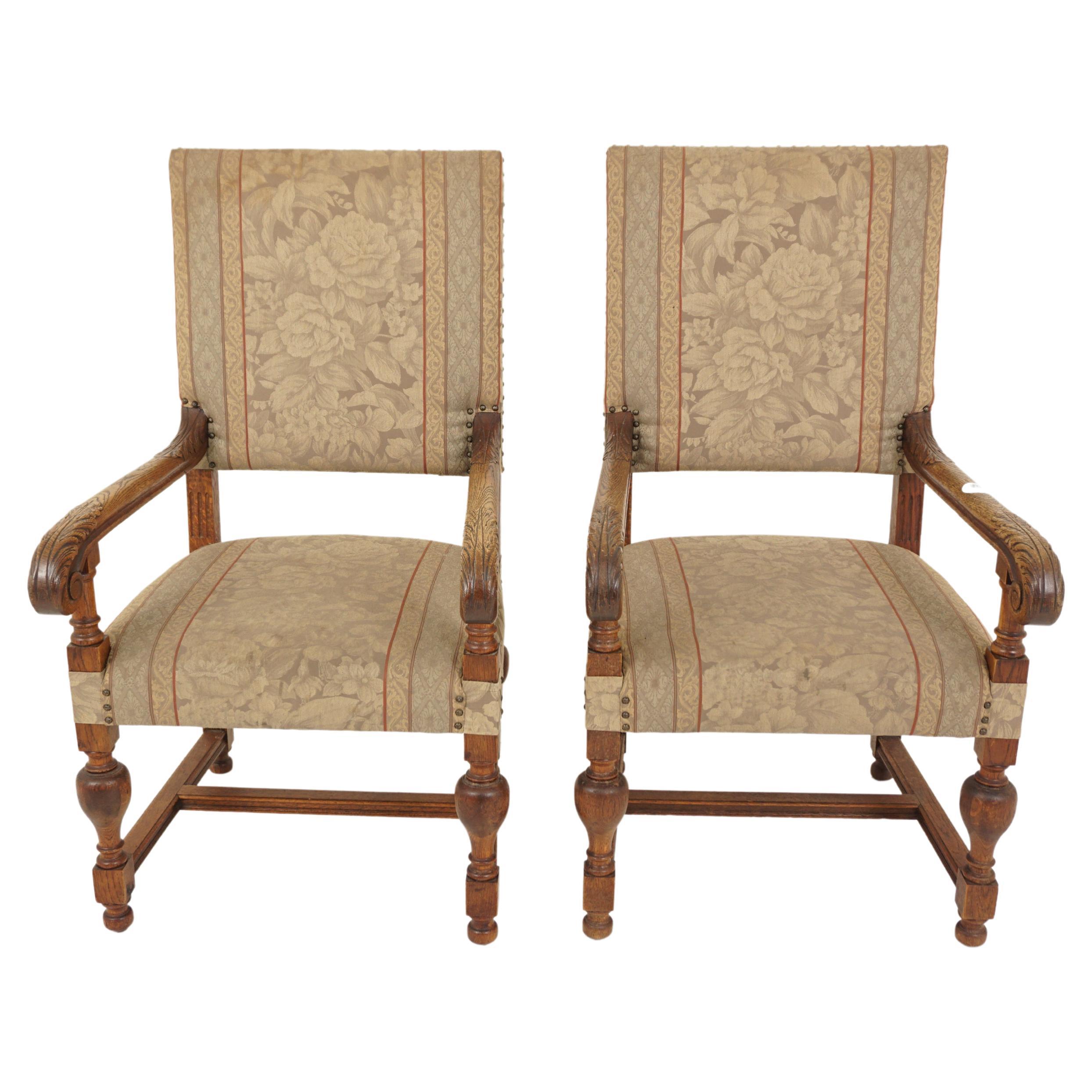 2 chaises trônes baroques en chêne sculpté, chaise d'entrée ou fauteuil de bibliothèque, Écosse, 1910, H678 en vente