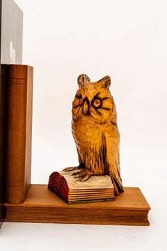 2 carved owl motive Lime wood bookends vienna around 1960s