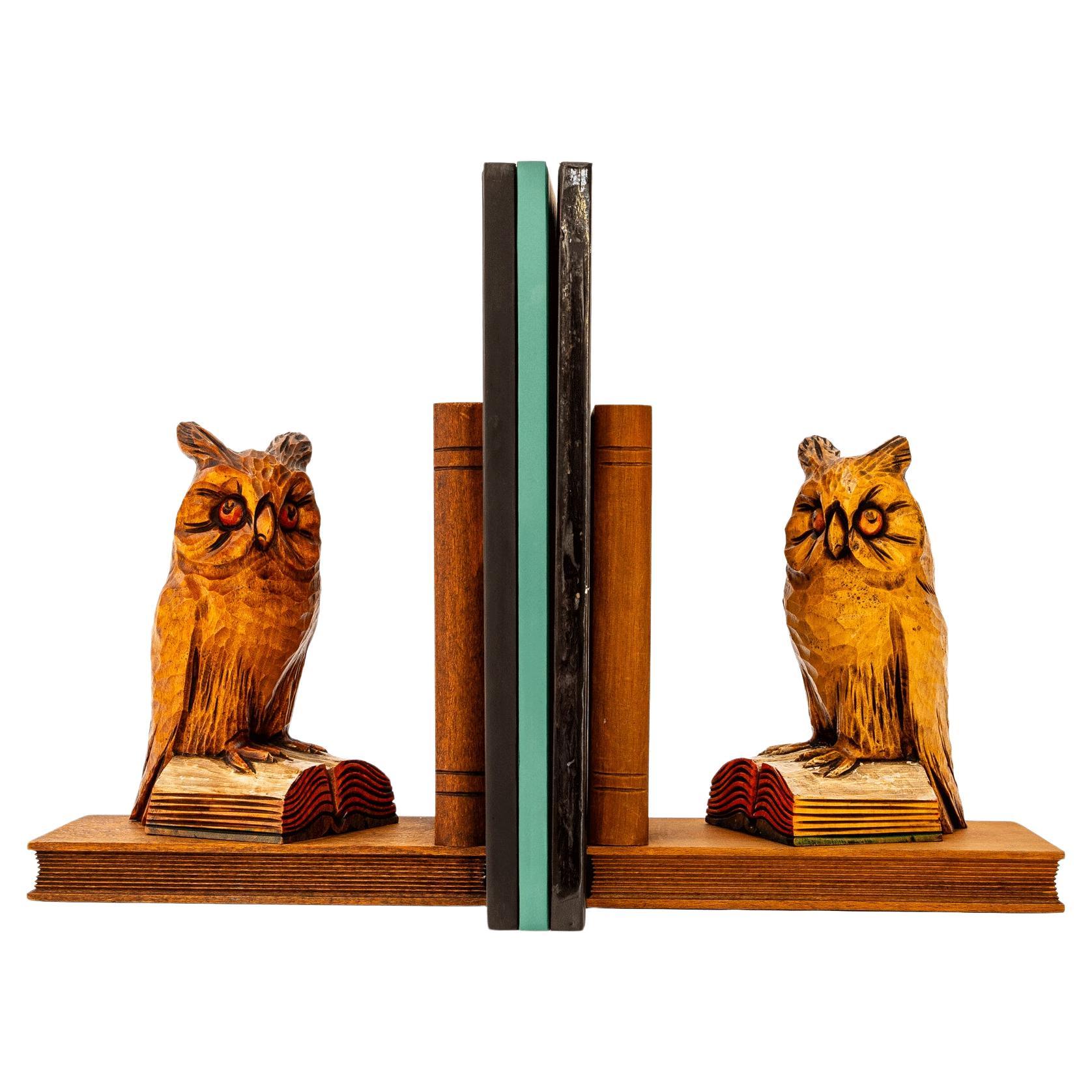 2 carved owl motive Lime wood bookends vienna around 1960s