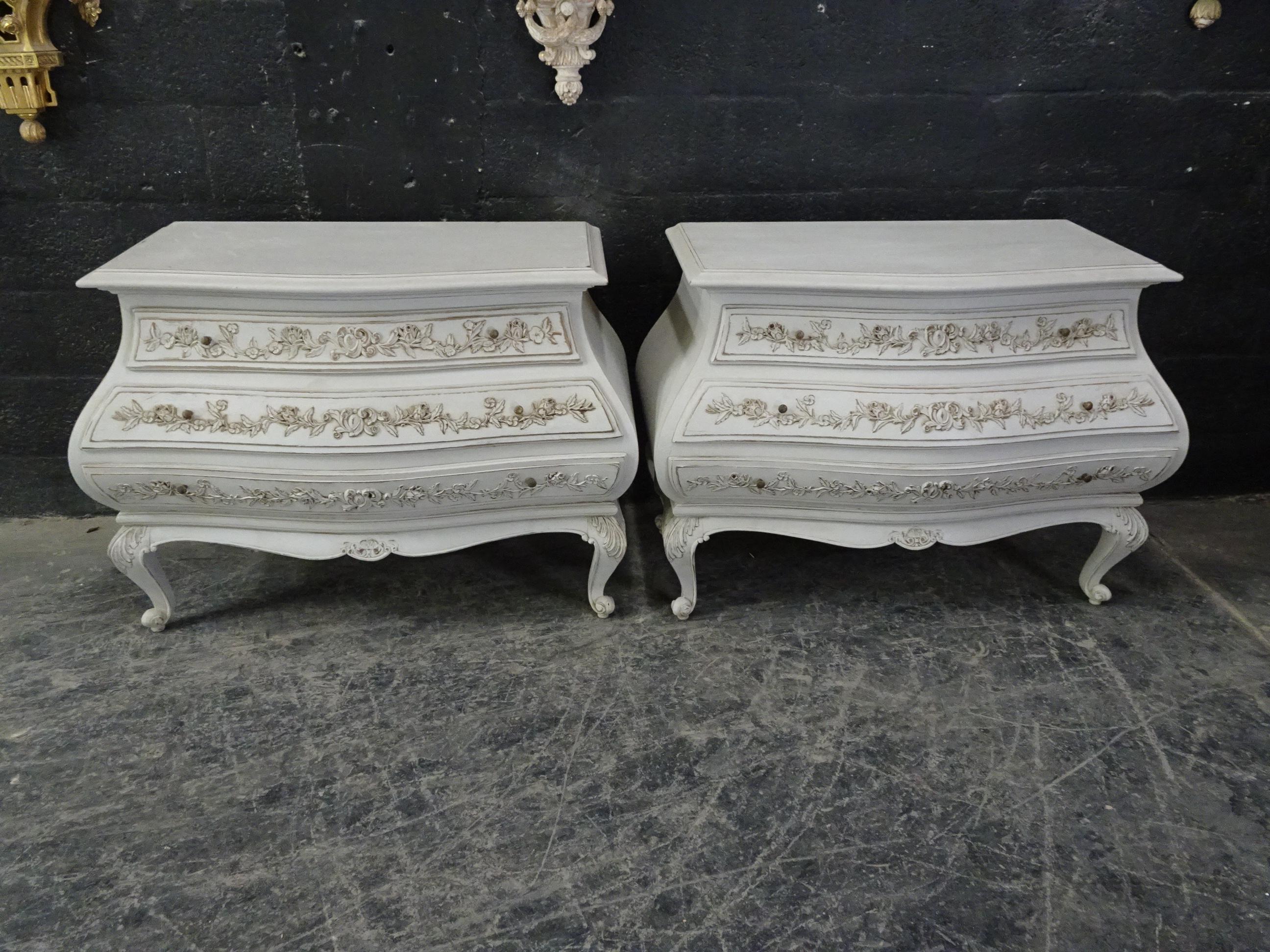 This is a set of 2 carved Rococo style chest of drawers. They have been restored and repainted with milk paints 