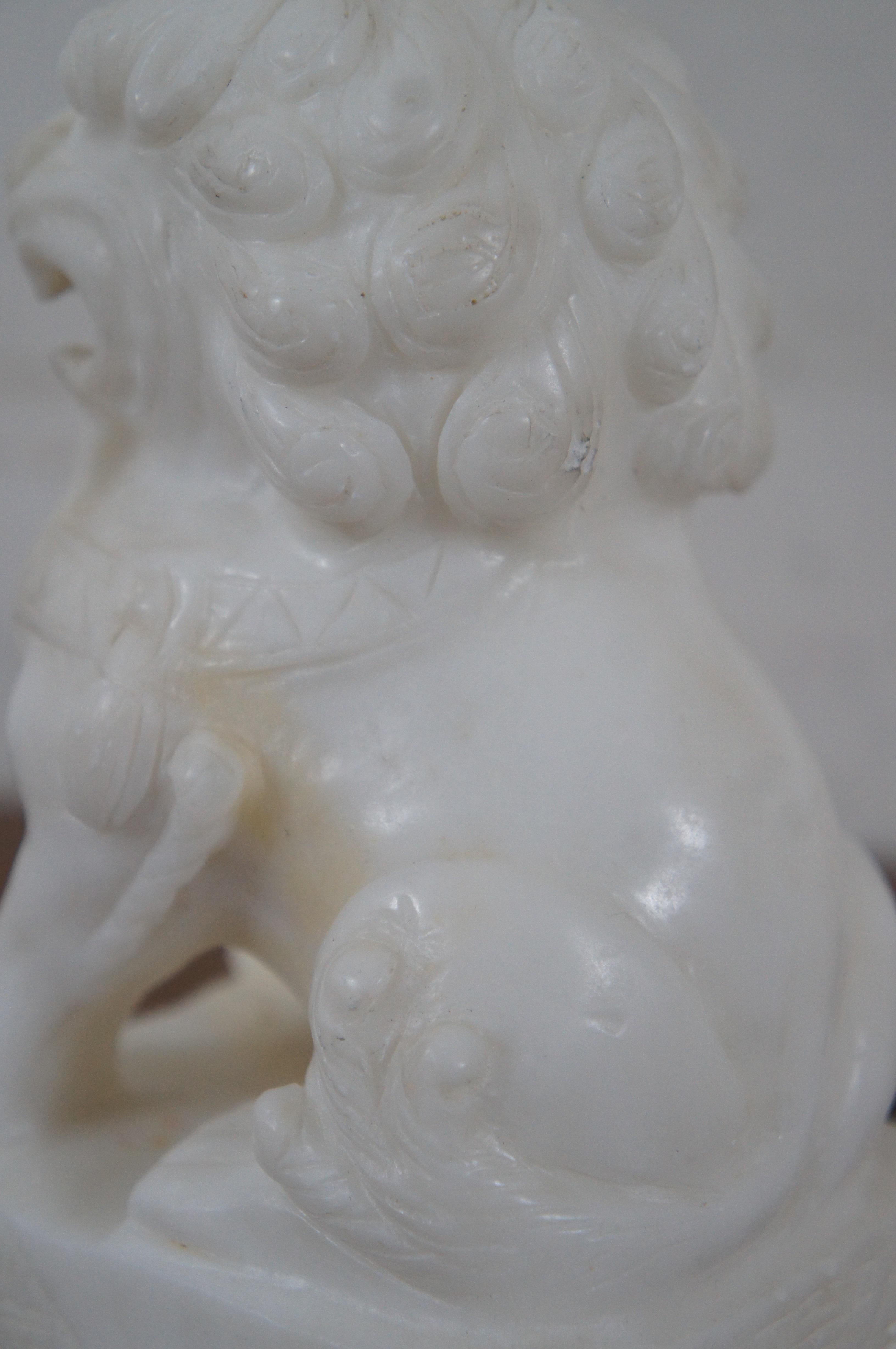 2 Carved White Marble Fu Foo Dogs Guardian Temple Lion Statue Bookends 7
