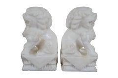 2 Carved White Marble Fu Foo Dogs Guardian Temple Lion Statue Bookends 7"