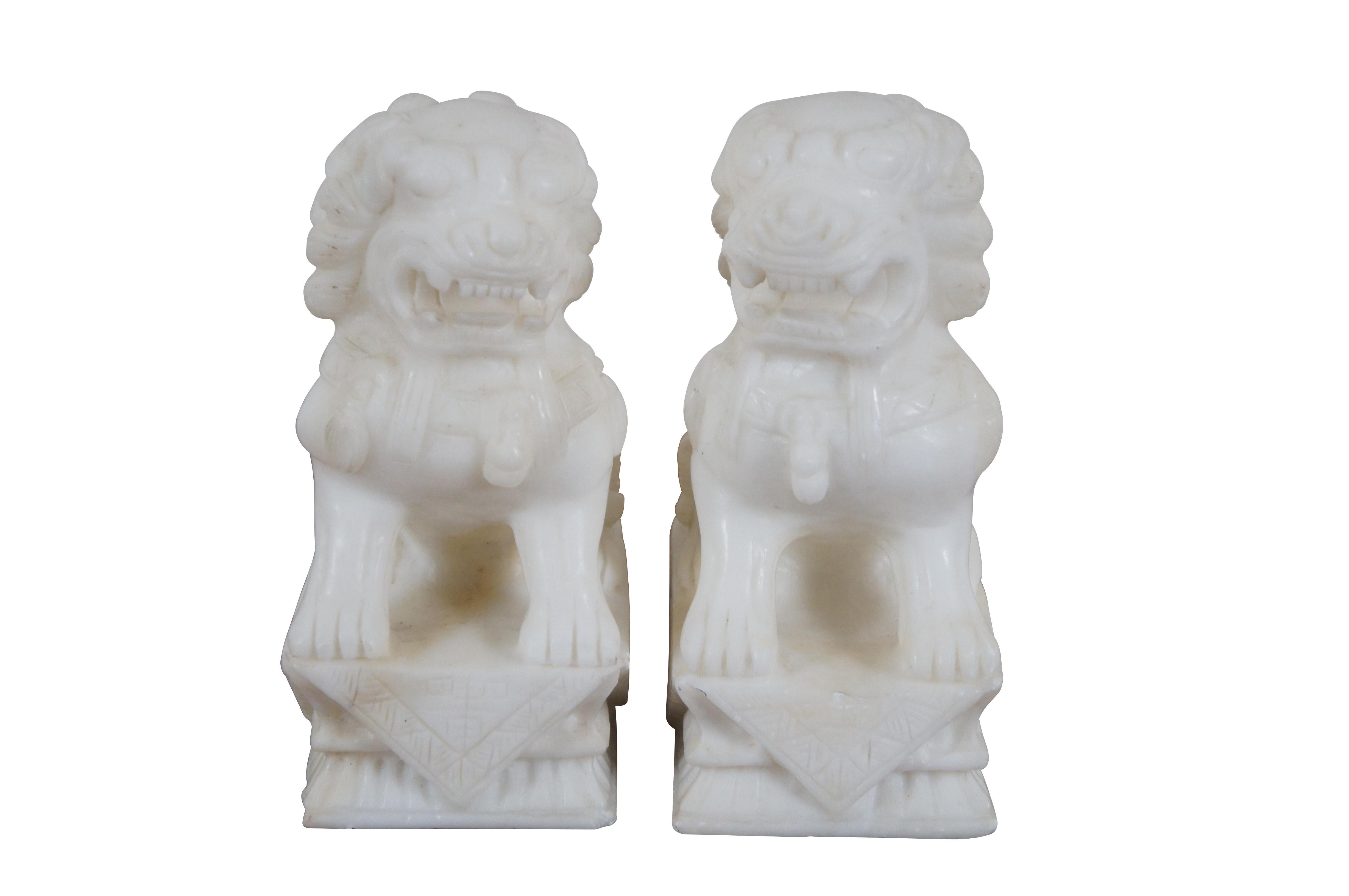 Chinoiseries 2 Marbre Blanc Sculpté Fu Foo Dogs Guardian Temple Lion Statue Serre-livres 7