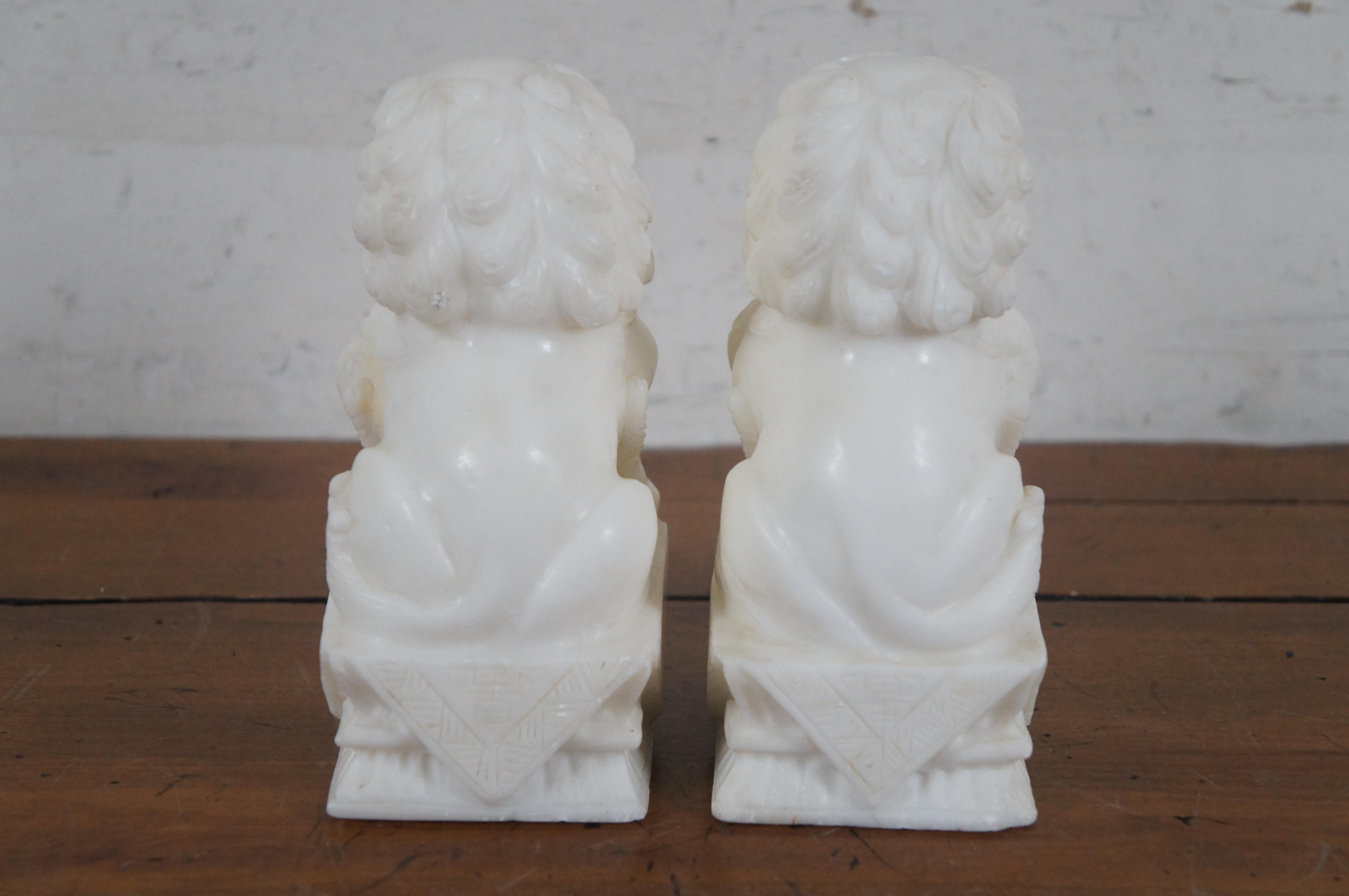 2 Carved White Marble Fu Foo Dogs Guardian Temple Lion Statue Bookends 7
