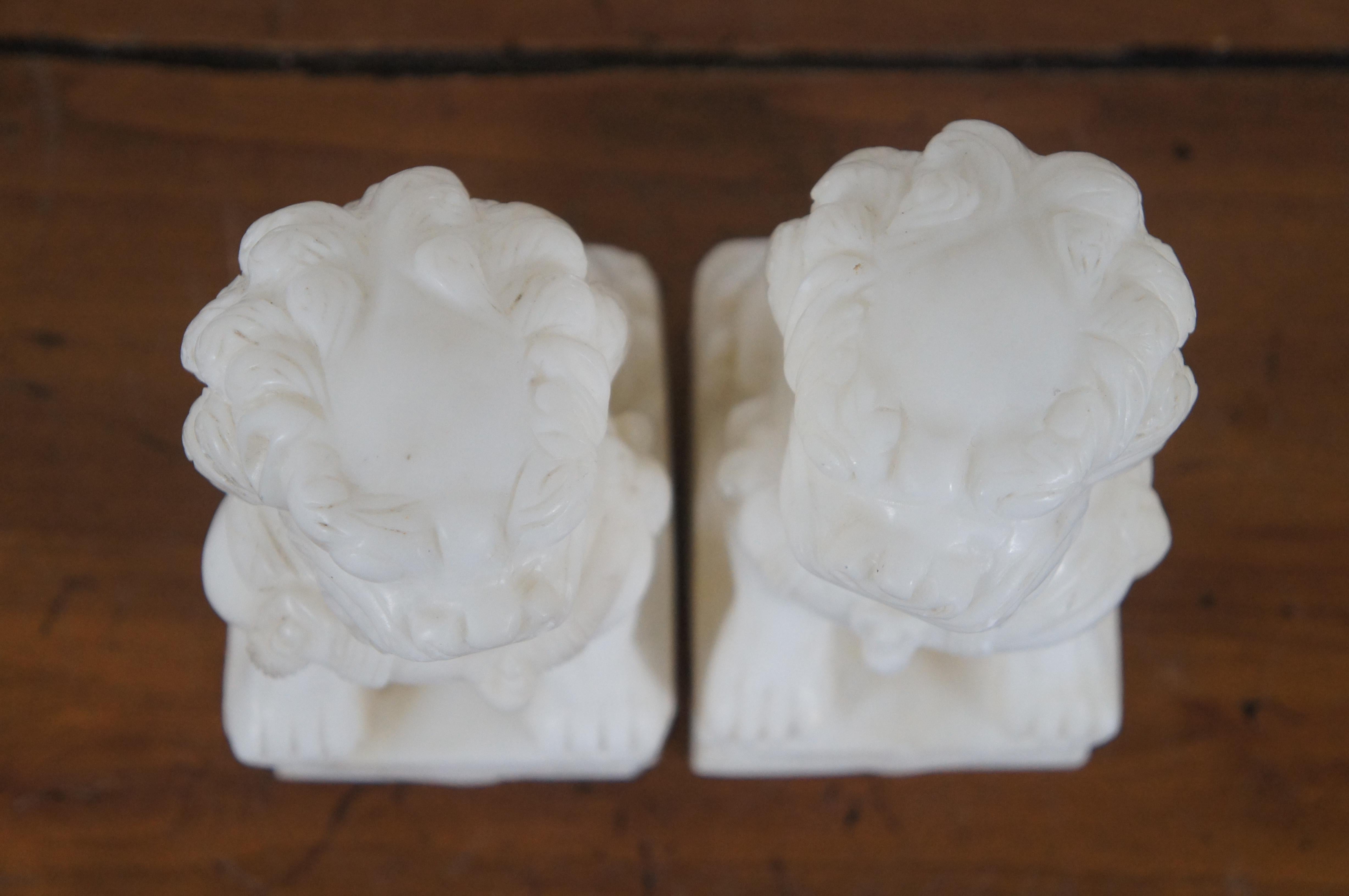 20th Century 2 Carved White Marble Fu Foo Dogs Guardian Temple Lion Statue Bookends 7
