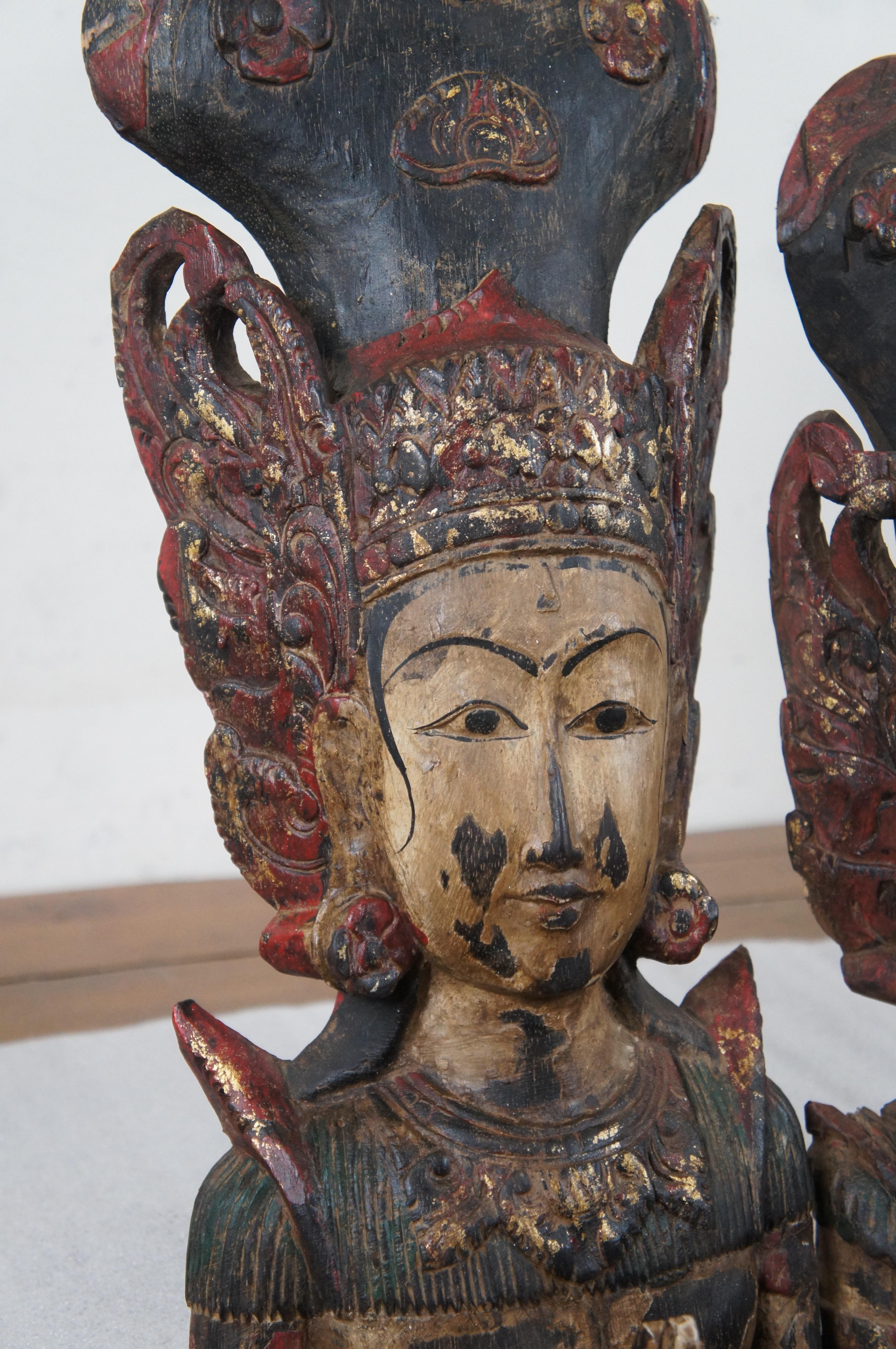 2 Carved Wood Thai Thepanom Buddist Angel Diety Hanging Statue Figures For Sale 4