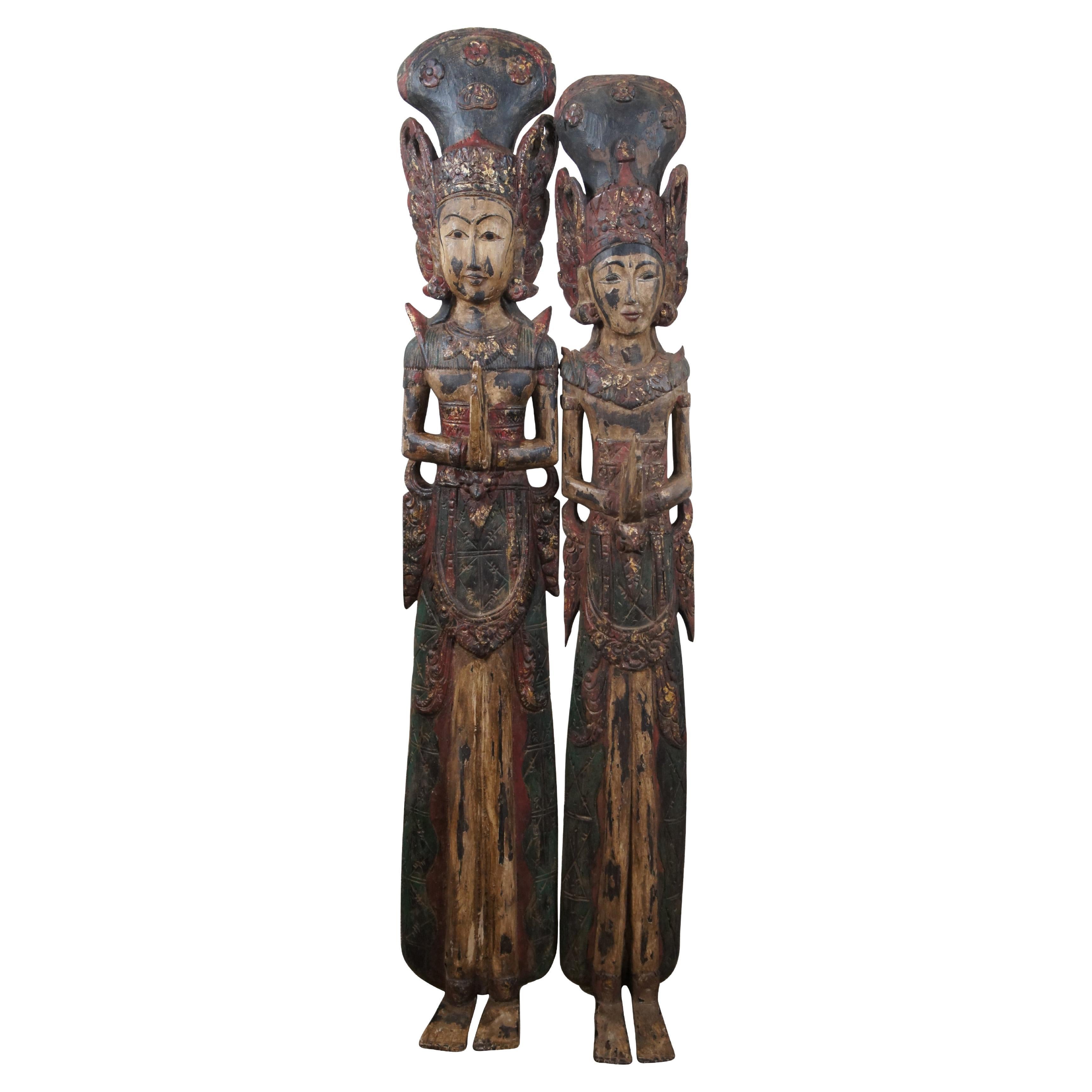 2 Carved Wood Thai Thepanom Buddist Angel Diety Hanging Statue Figures For Sale