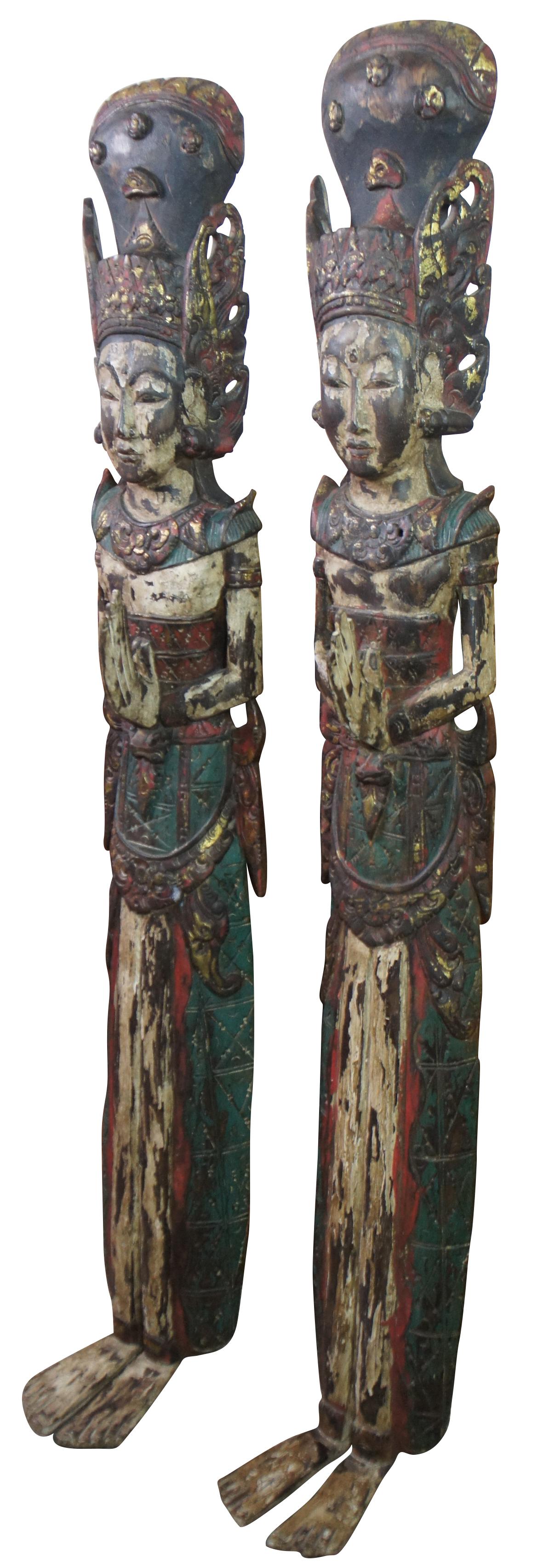 Folk Art 2 Carved Wood Thai Thepenom Buddhist Angel Deity Hanging Statue Figures