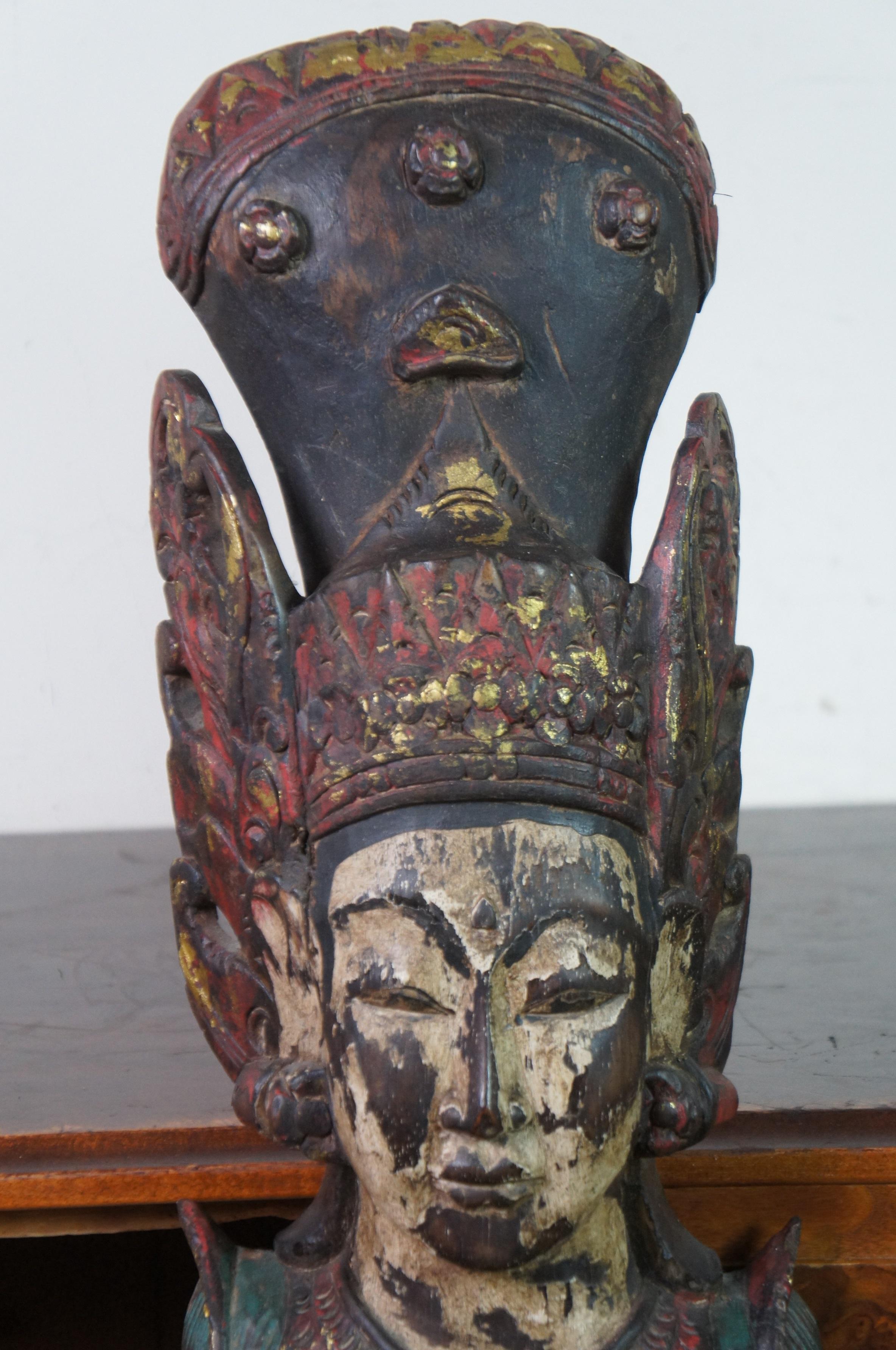 2 Carved Wood Thai Thepenom Buddhist Angel Deity Hanging Statue Figures In Good Condition In Dayton, OH