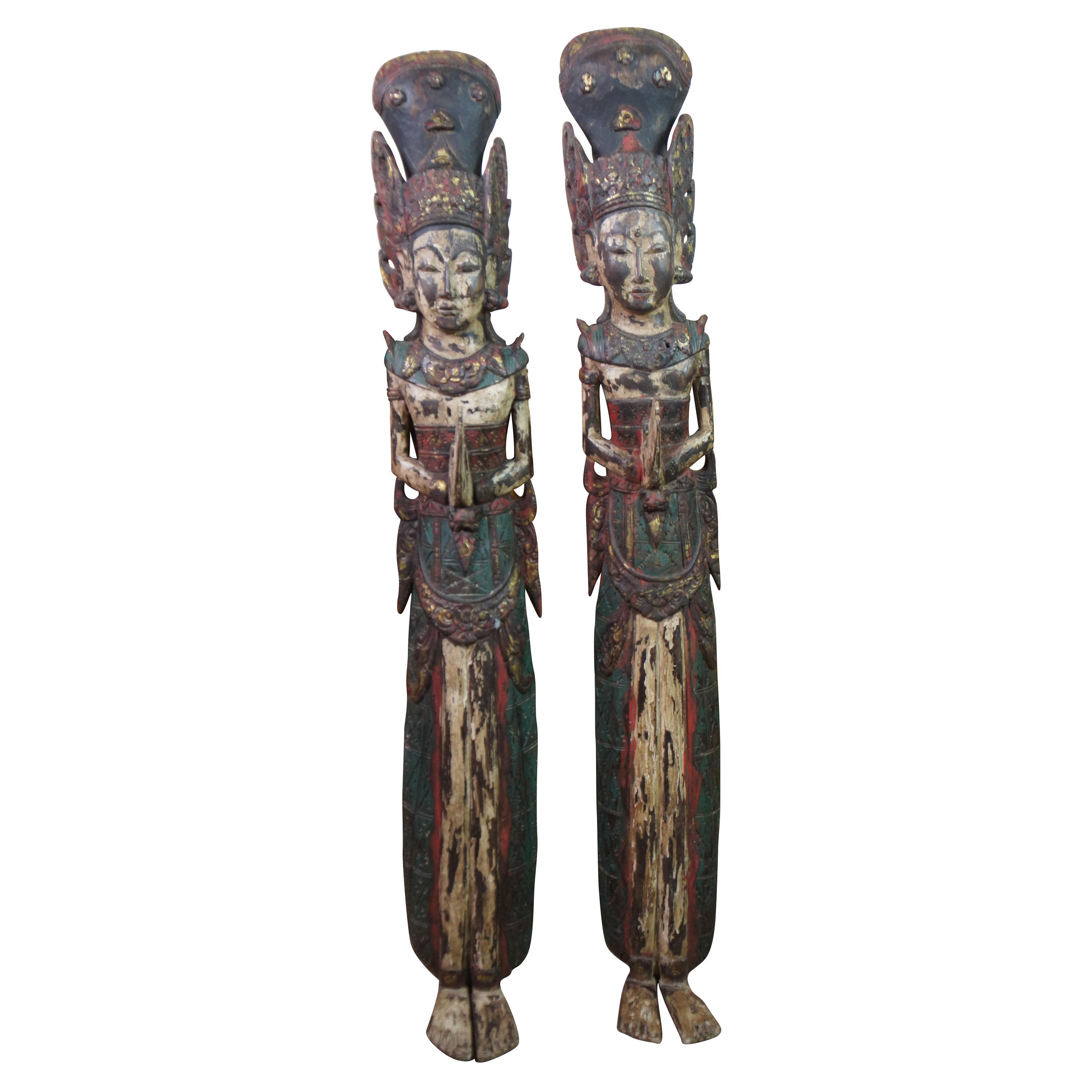 2 Carved Wood Thai Thepenom Buddhist Angel Deity Hanging Statue Figures