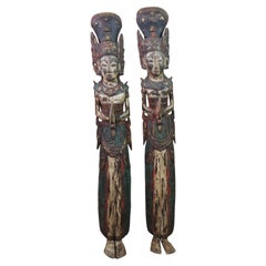 2 Carved Wood Thai Thepenom Buddhist Angel Deity Hanging Statue Figures