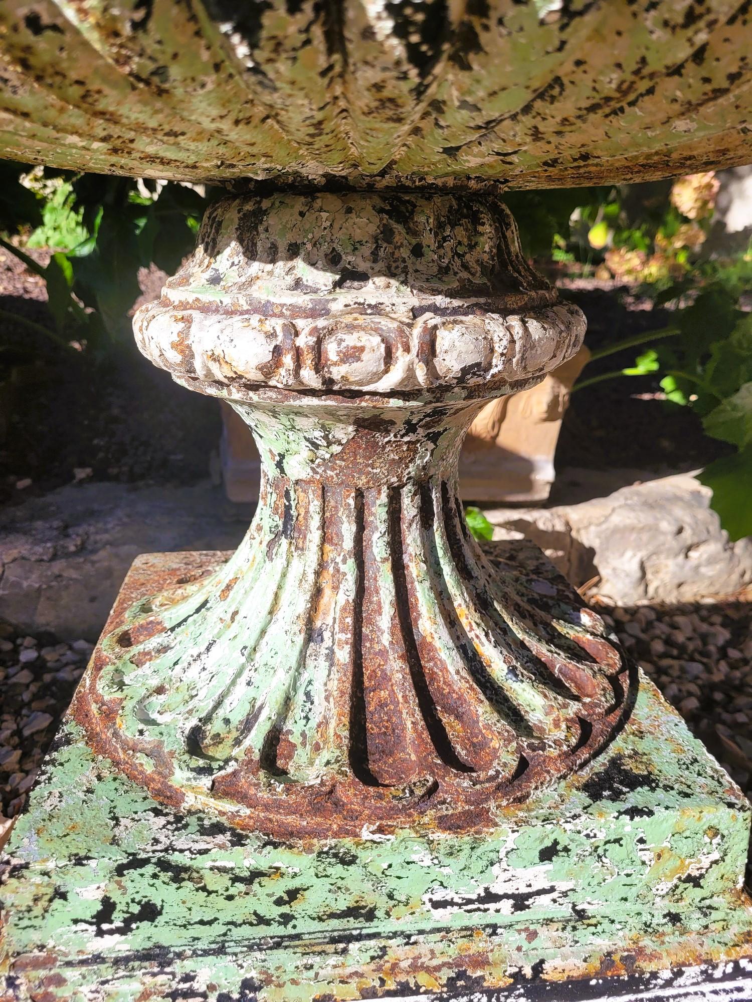 Louis XVI 2 Cast Iron Garden Vases On Base, 19th Century For Sale