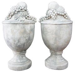 2 Cast Italian Fruit Cluster Trophy Mantel Urns Grapes, Pair