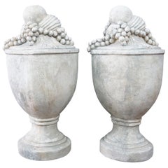 2 Cast Italian Fruit Cluster Trophy Mantel Urns Grapes, Pair