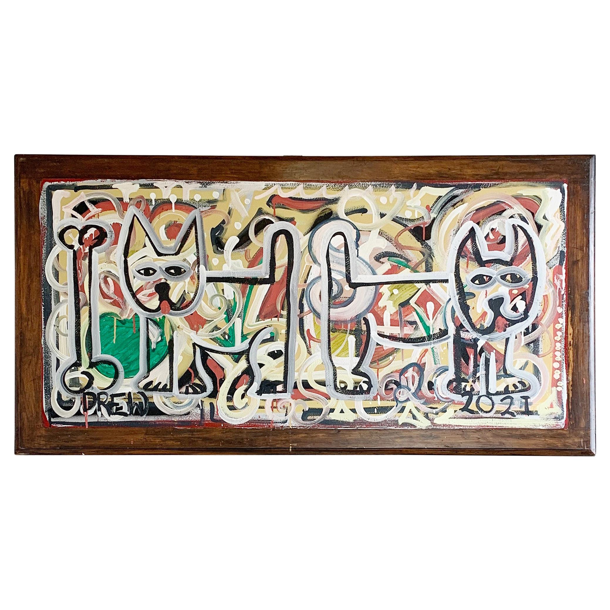 2 Cats and a Bone, Outsider Artist Drew, 2021 For Sale