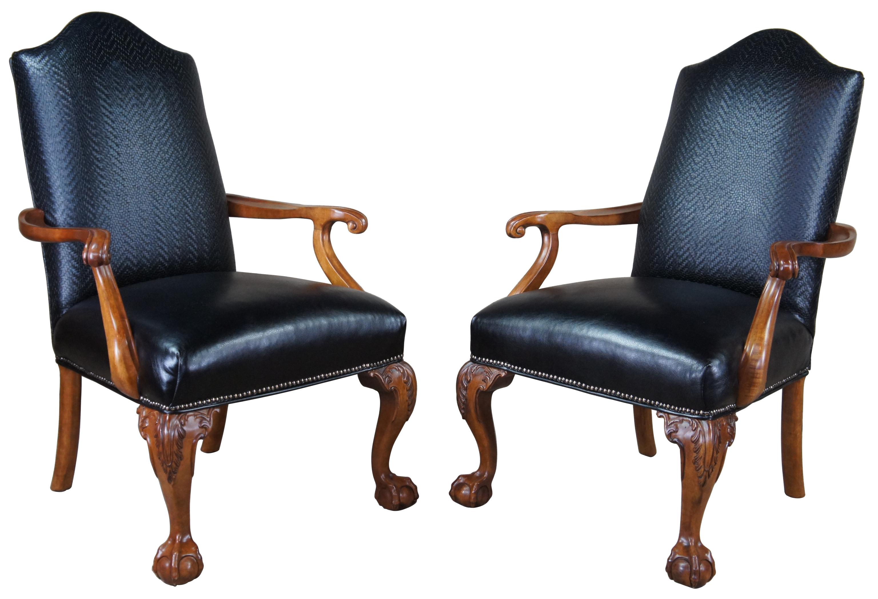 2 Century Chippendale Black Leather Nailhead Library Arm Chairs Ball & Claw In Good Condition In Dayton, OH