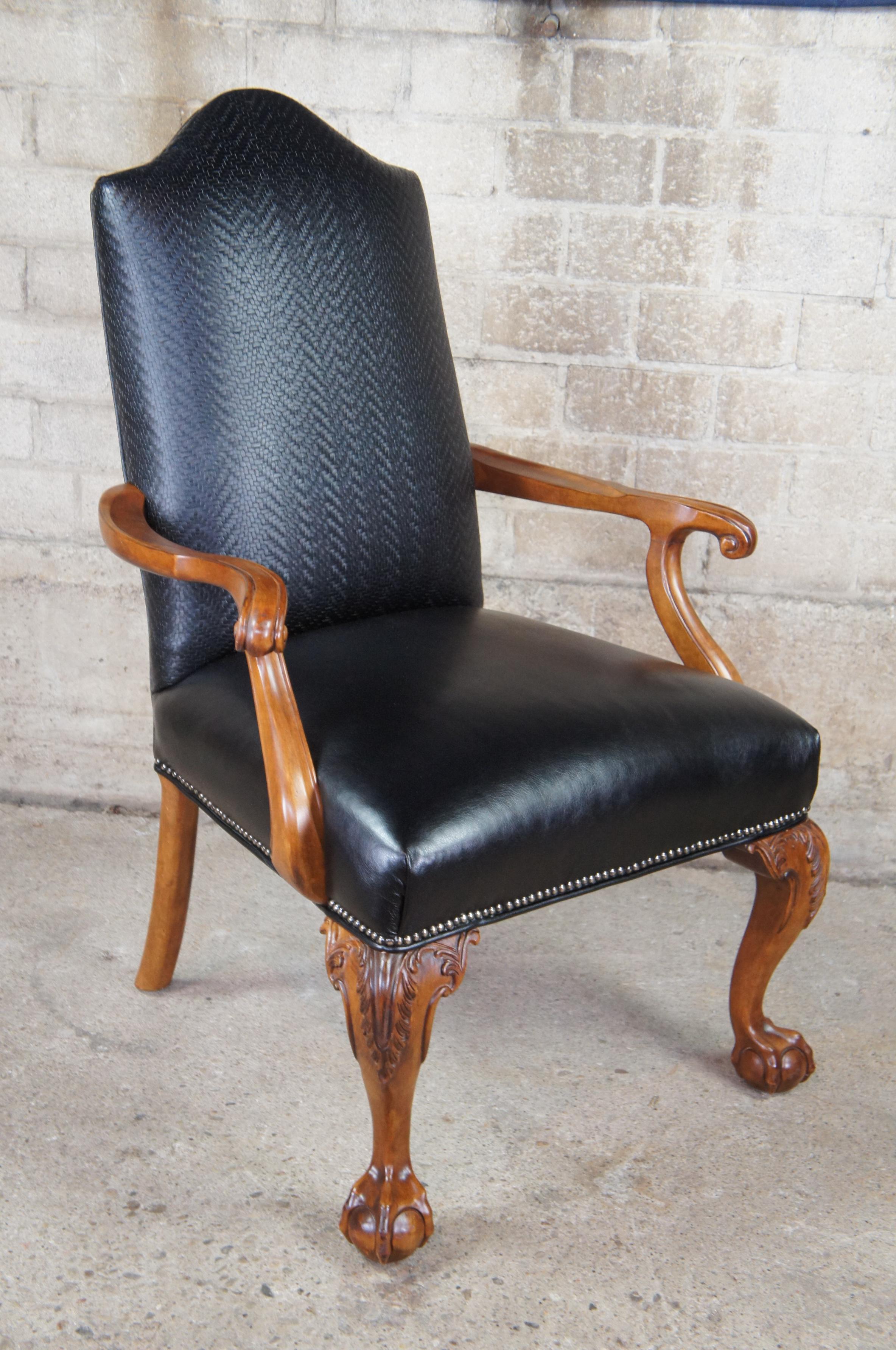 20th Century 2 Century Chippendale Black Leather Nailhead Library Arm Chairs Ball & Claw
