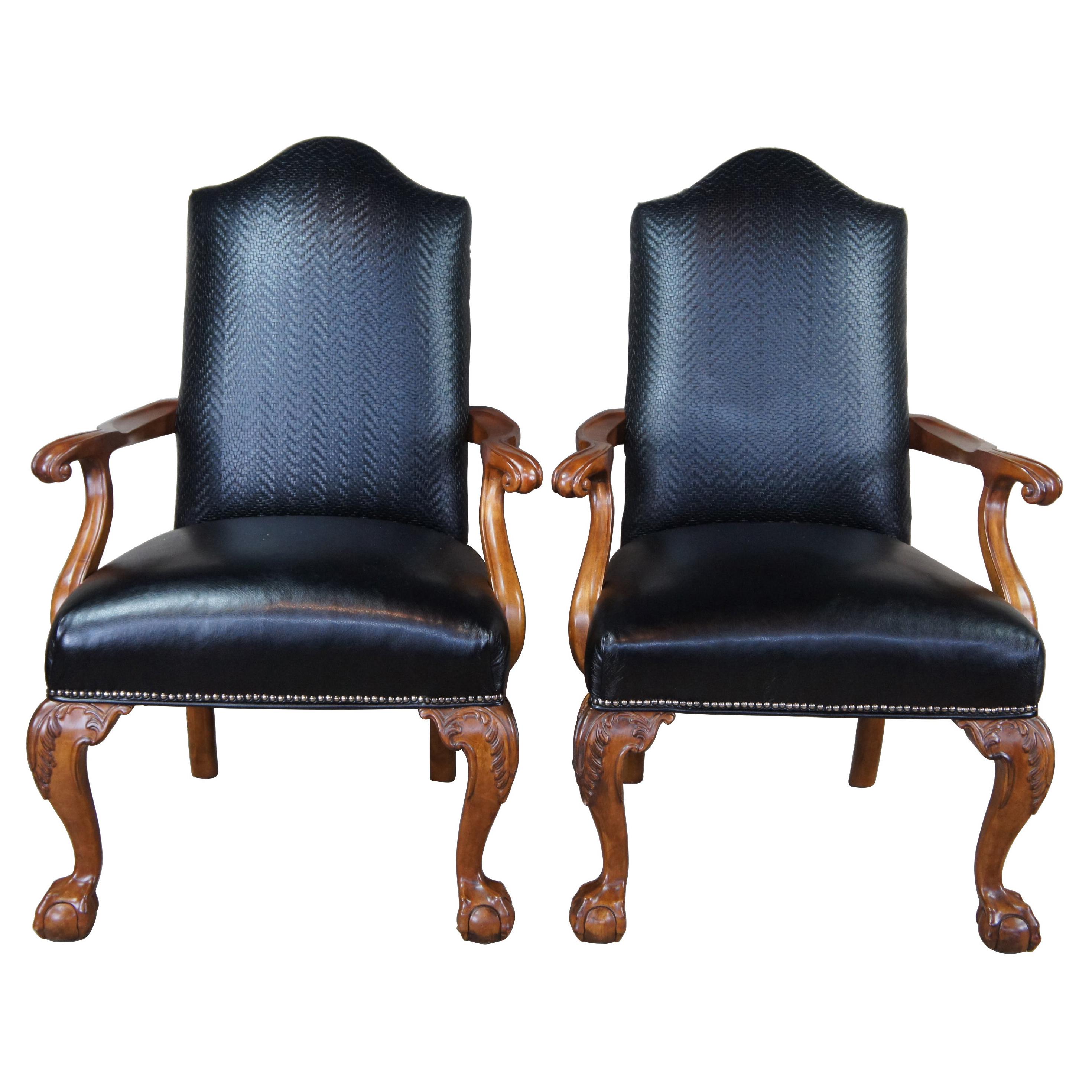 2 Century Chippendale Black Leather Nailhead Library Arm Chairs Ball & Claw