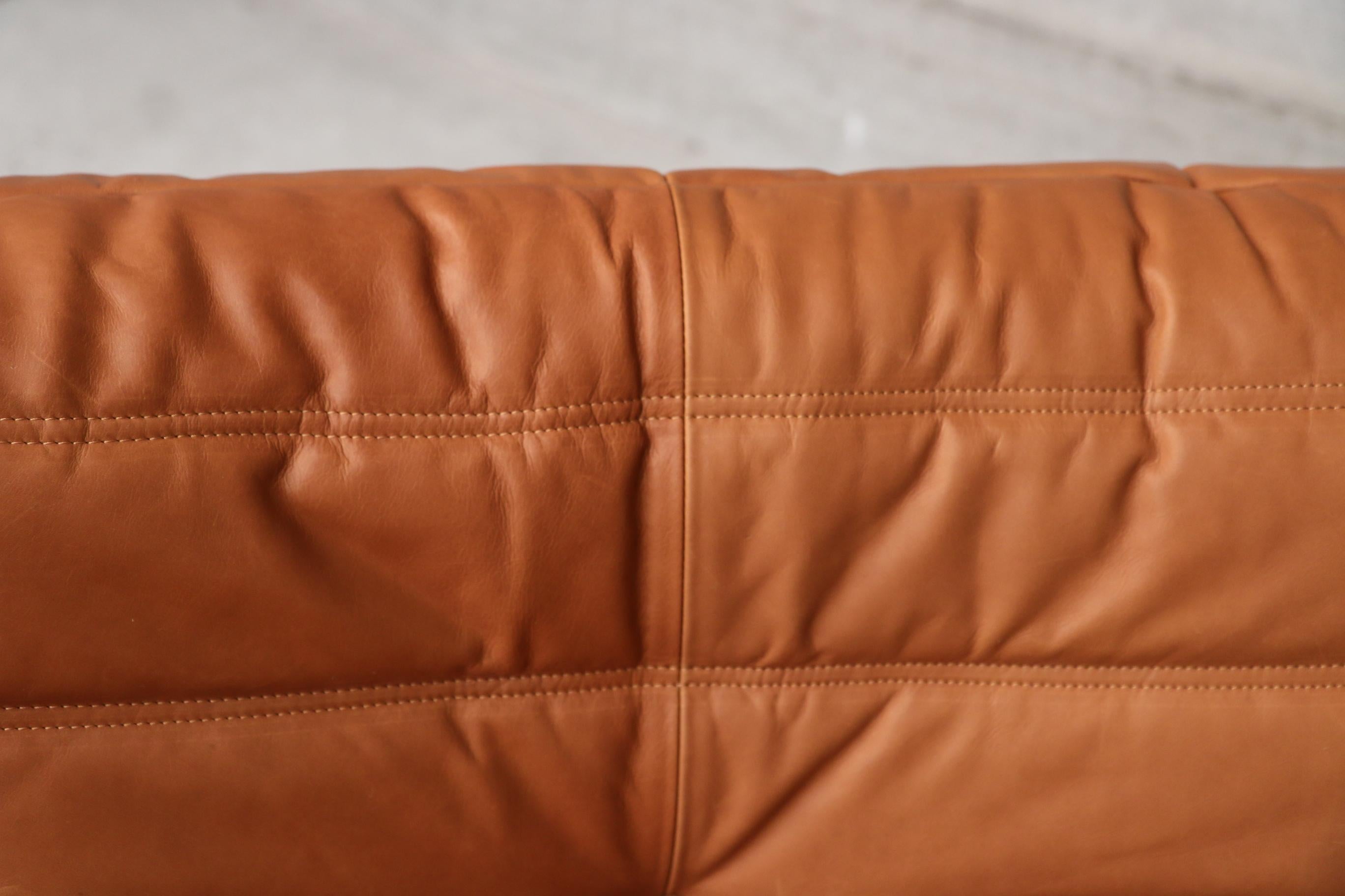 CERTIFIED Ligne Roset 2 TOGO Chairs & 1 Pouf in Cognac Leather, DIAMOND QUALITY For Sale 8