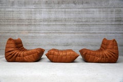 CERTIFIED Ligne Roset 2 TOGO Chairs & 1 Pouf in Cognac Leather, DIAMOND QUALITY