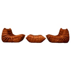 CERTIFIED Ligne Roset 2 TOGO Chairs & 1 Pouf in Cognac Leather, DIAMOND QUALITY