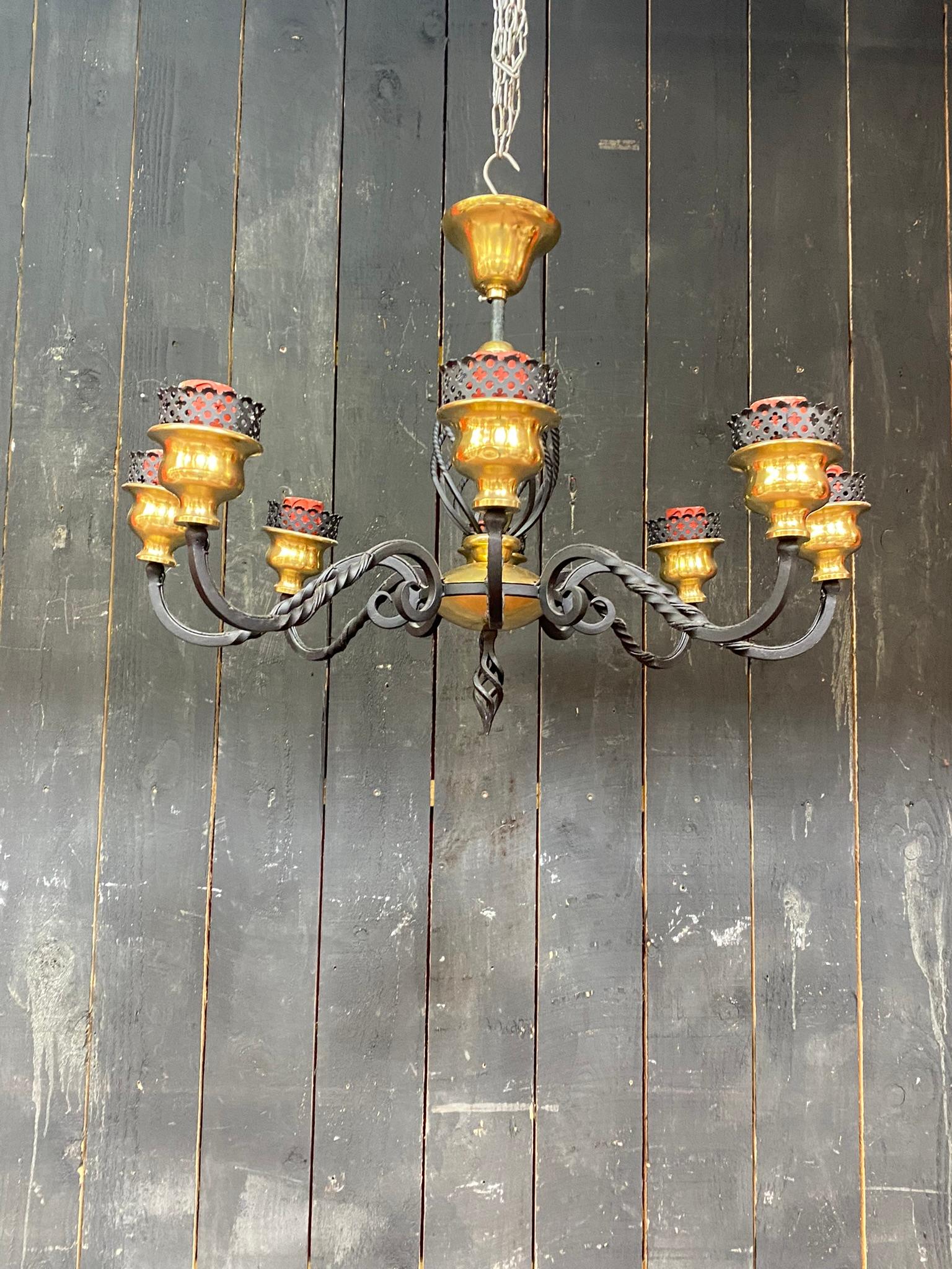 2 Chandelier in Lacquered Metal and Brass, circa 1950 For Sale 7
