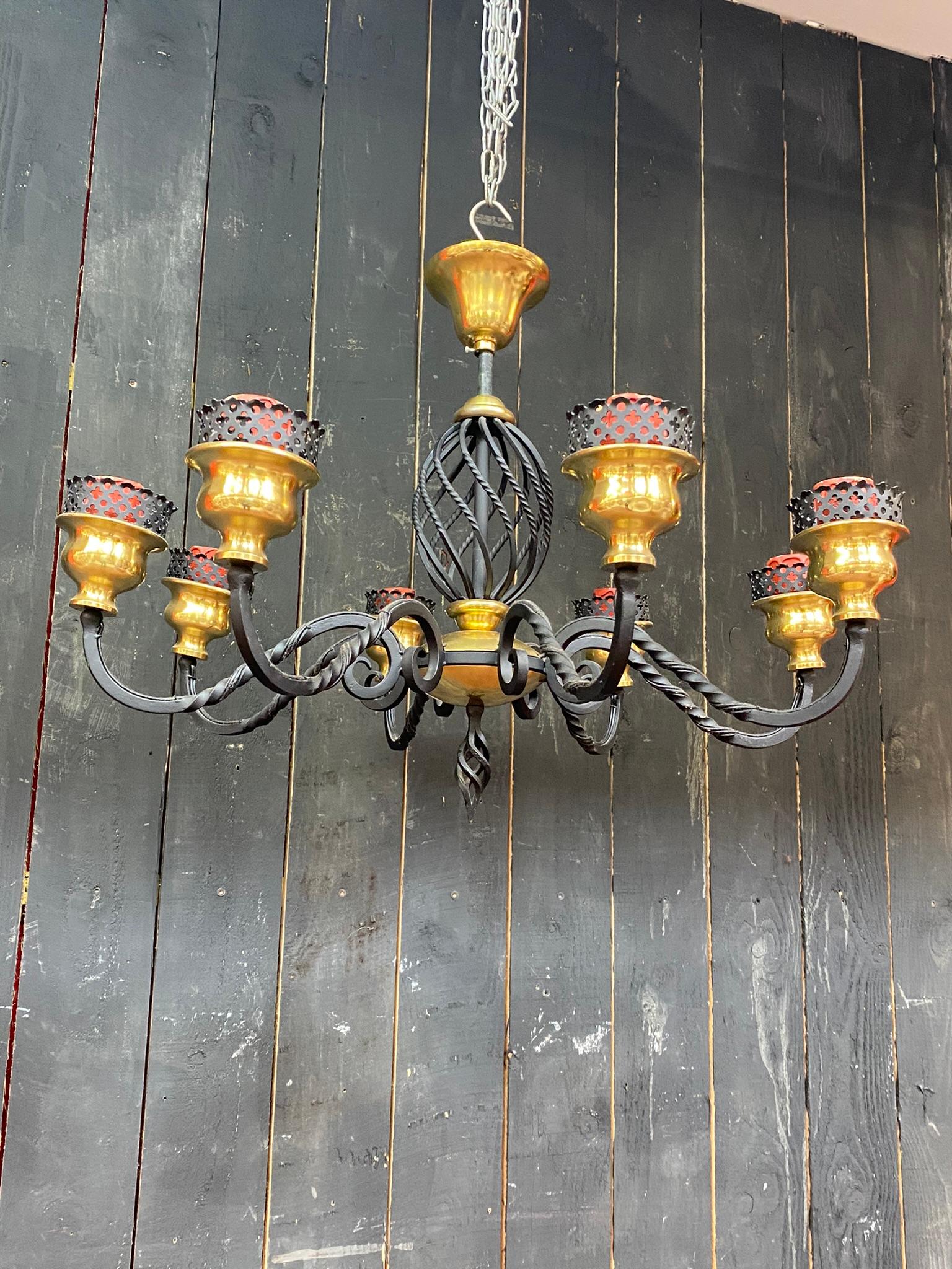 2 Chandelier in Lacquered Metal and Brass, circa 1950 For Sale 8