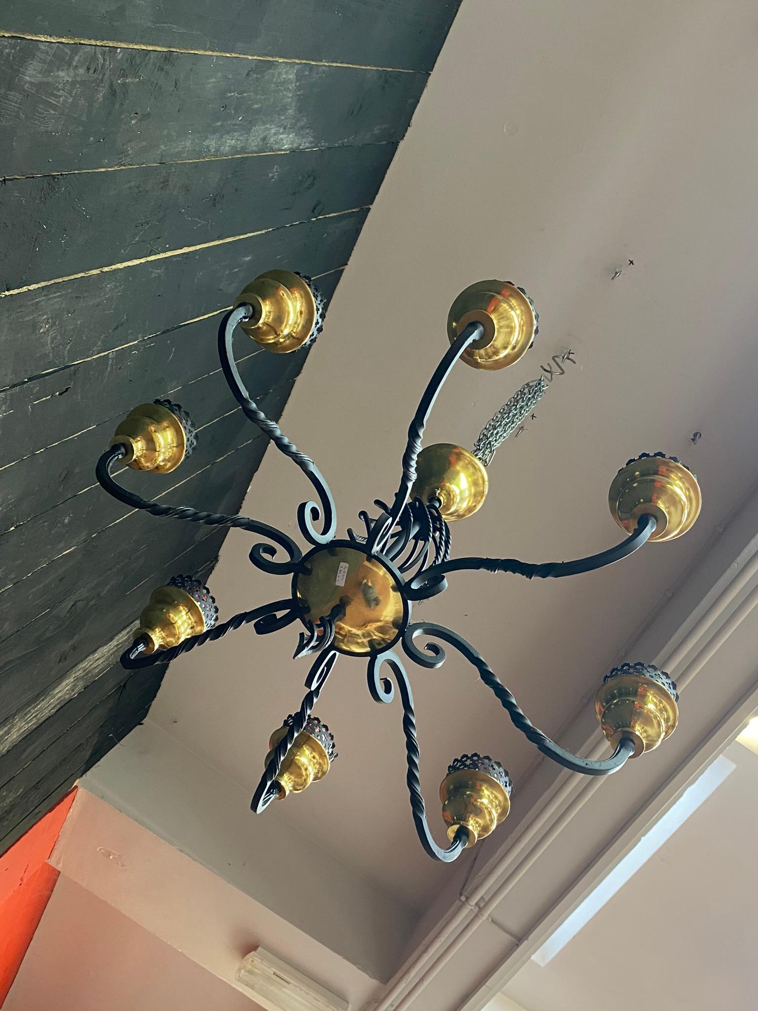 French 2 Chandelier in Lacquered Metal and Brass, circa 1950 For Sale