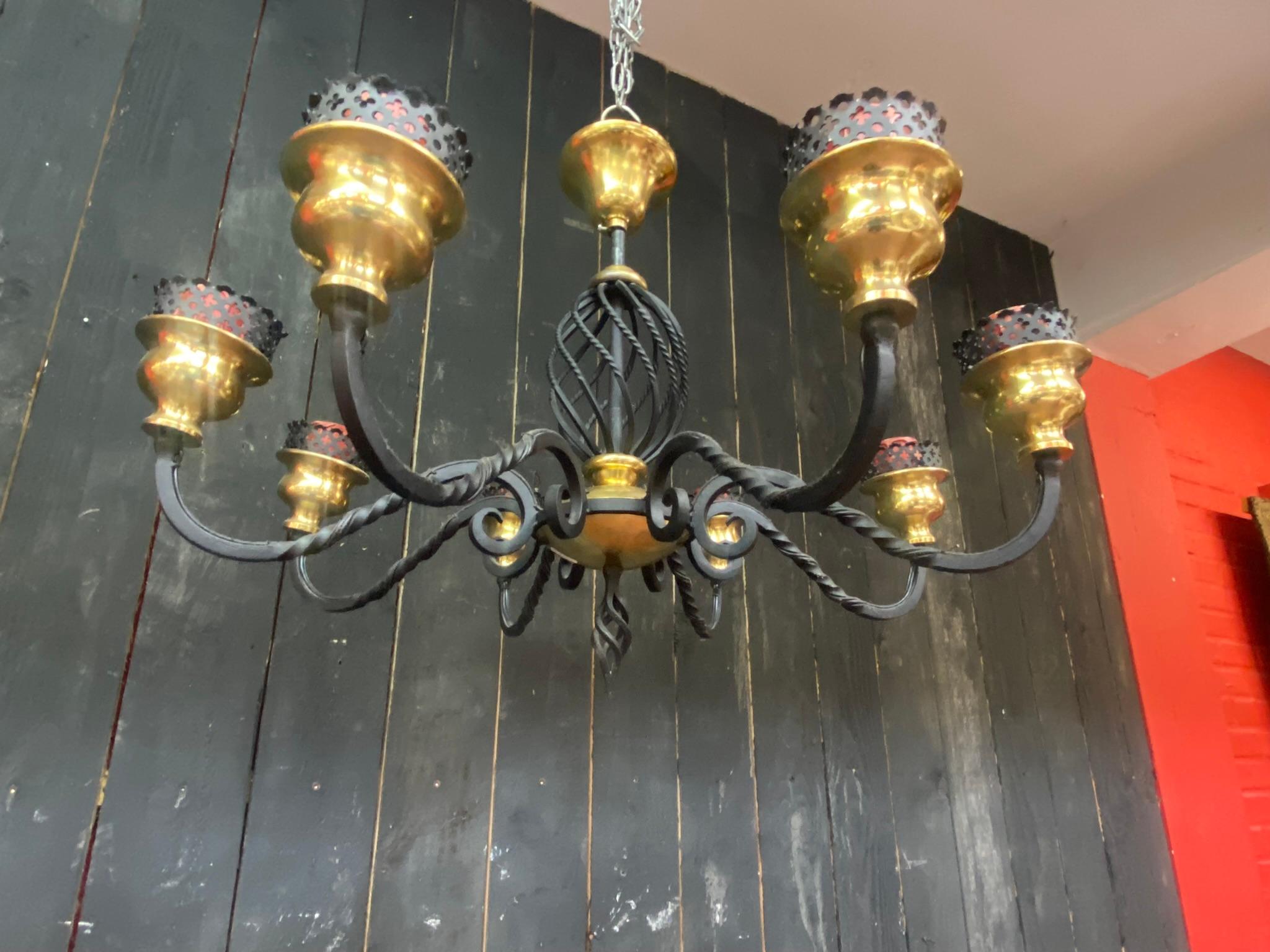 2 Chandelier in Lacquered Metal and Brass, circa 1950 In Good Condition For Sale In Saint-Ouen, FR