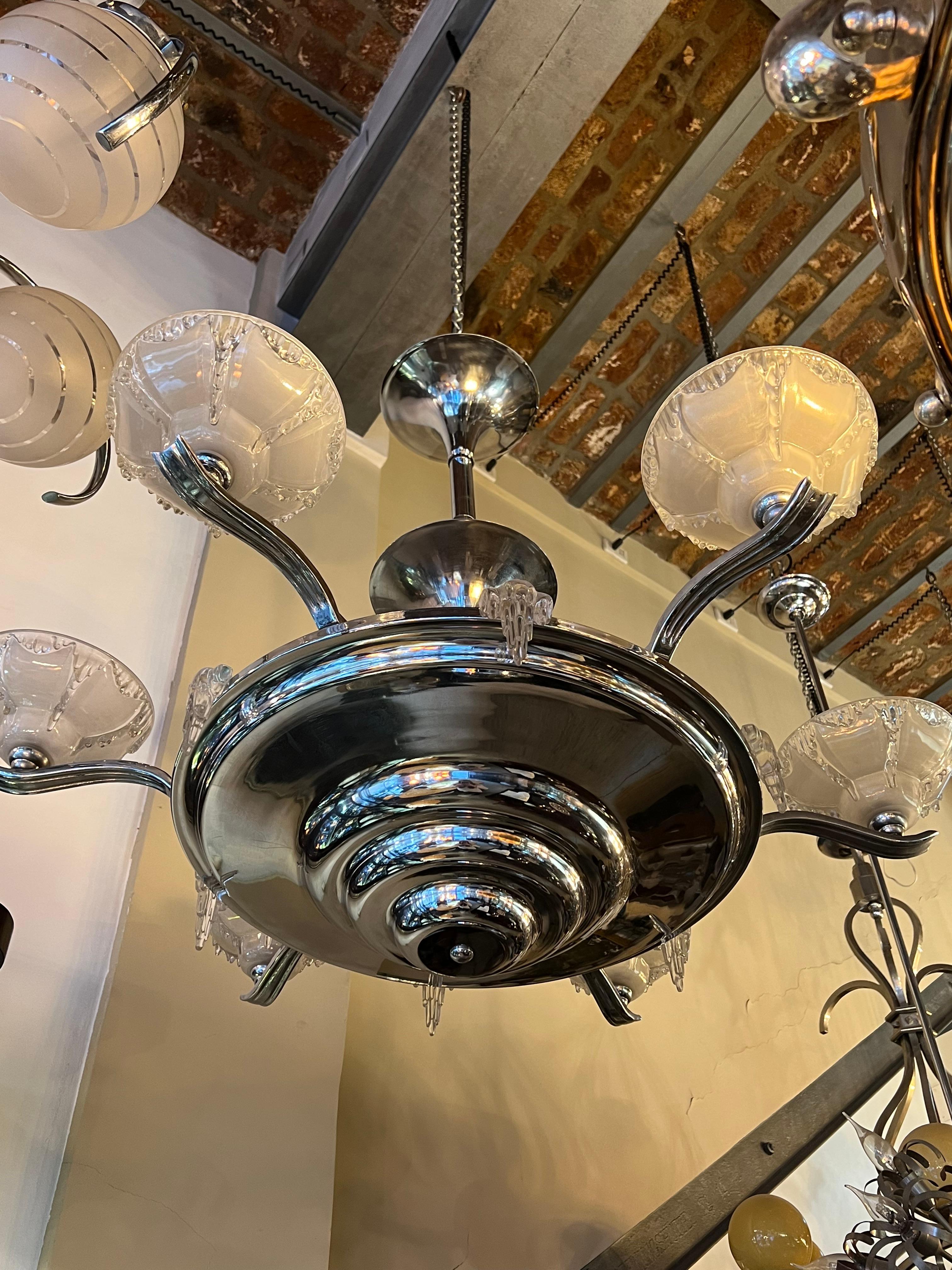 Early 20th Century 2 Chandeliers Jugendstil, Art Nouveau, France, Materials: Glass and Chrome, 1900 For Sale