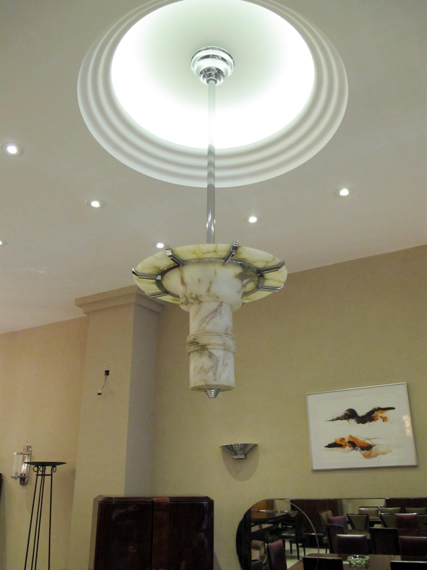 2 Chandeliers in Alabaster and chrome , Art Deco Style, 1935 For Sale 1